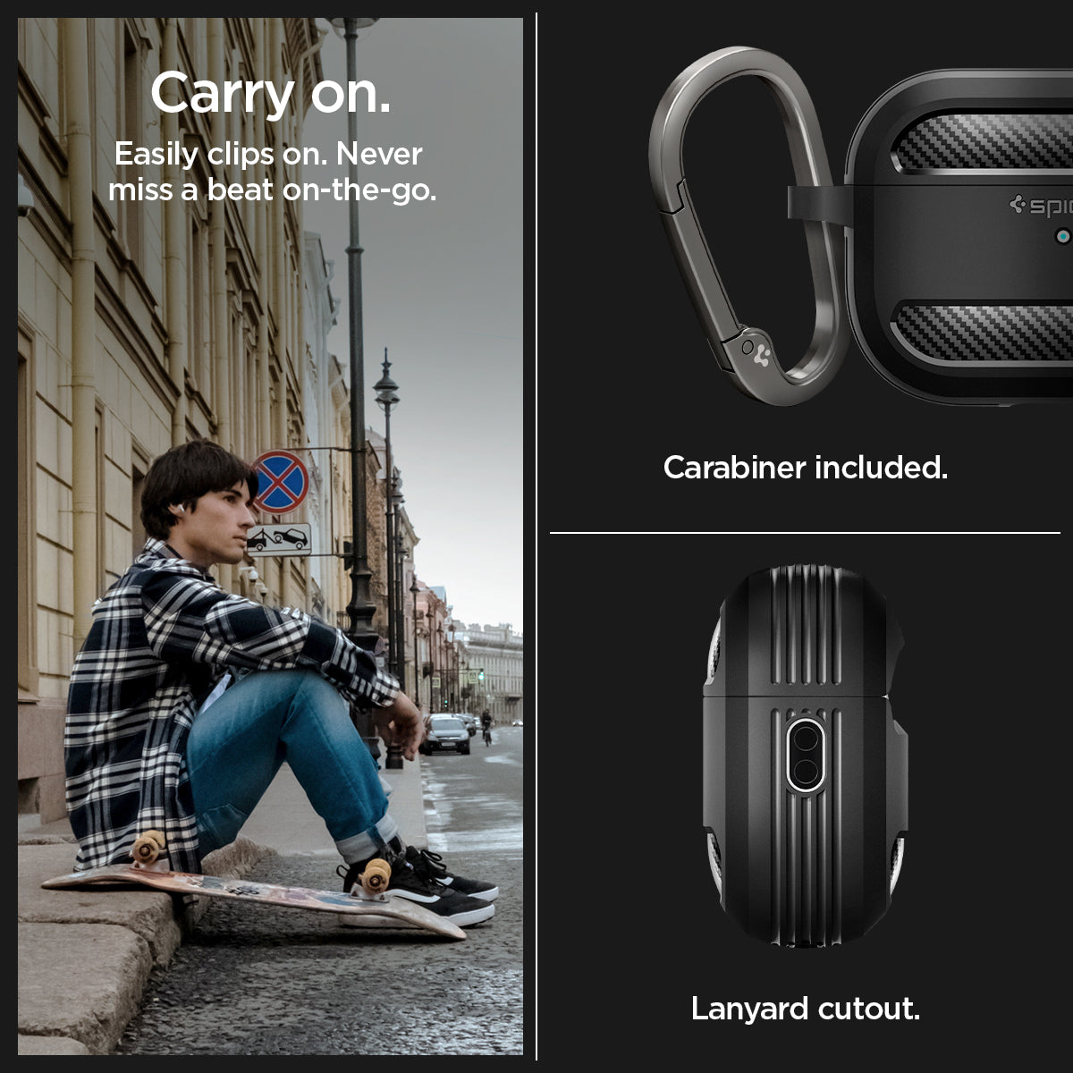 ACS05482 - Apple AirPods Pro 2 Case Rugged Armor in matte black showing the easy clips on. Never miss a beat on-the-go. Carabiner included and lanyard cutout