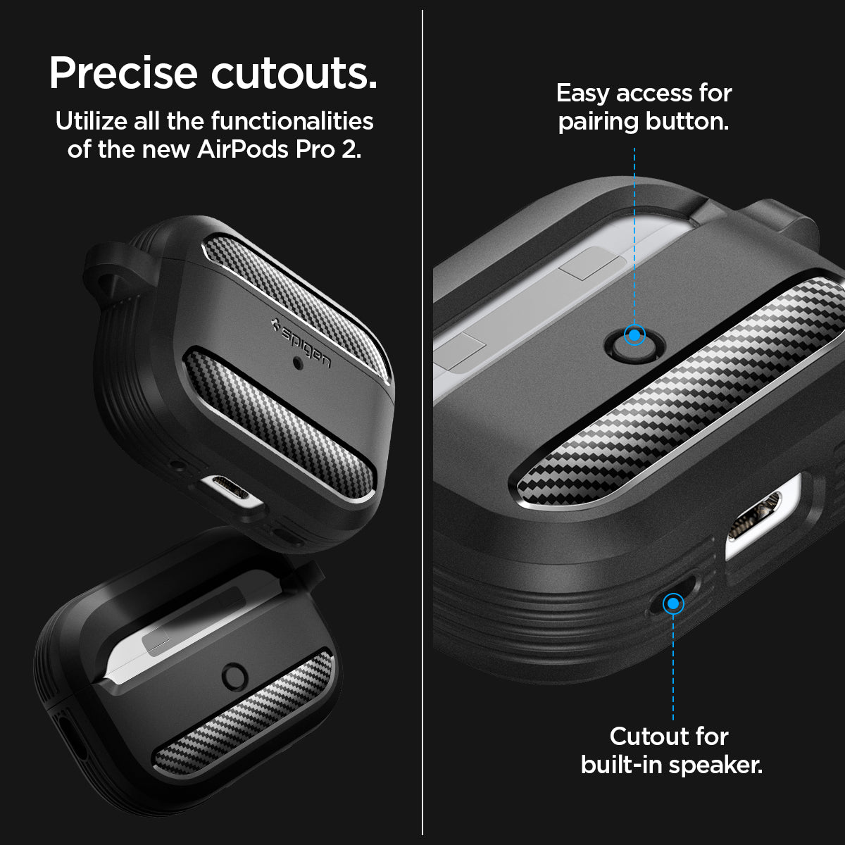 ACS05482 - Apple AirPods Pro 2 Case Rugged Armor in matte black showing the precise cutouts. Utilize all the functionalities of the new AirPods Pro 2. Easy access for pairing button with cutout for built-in speaker