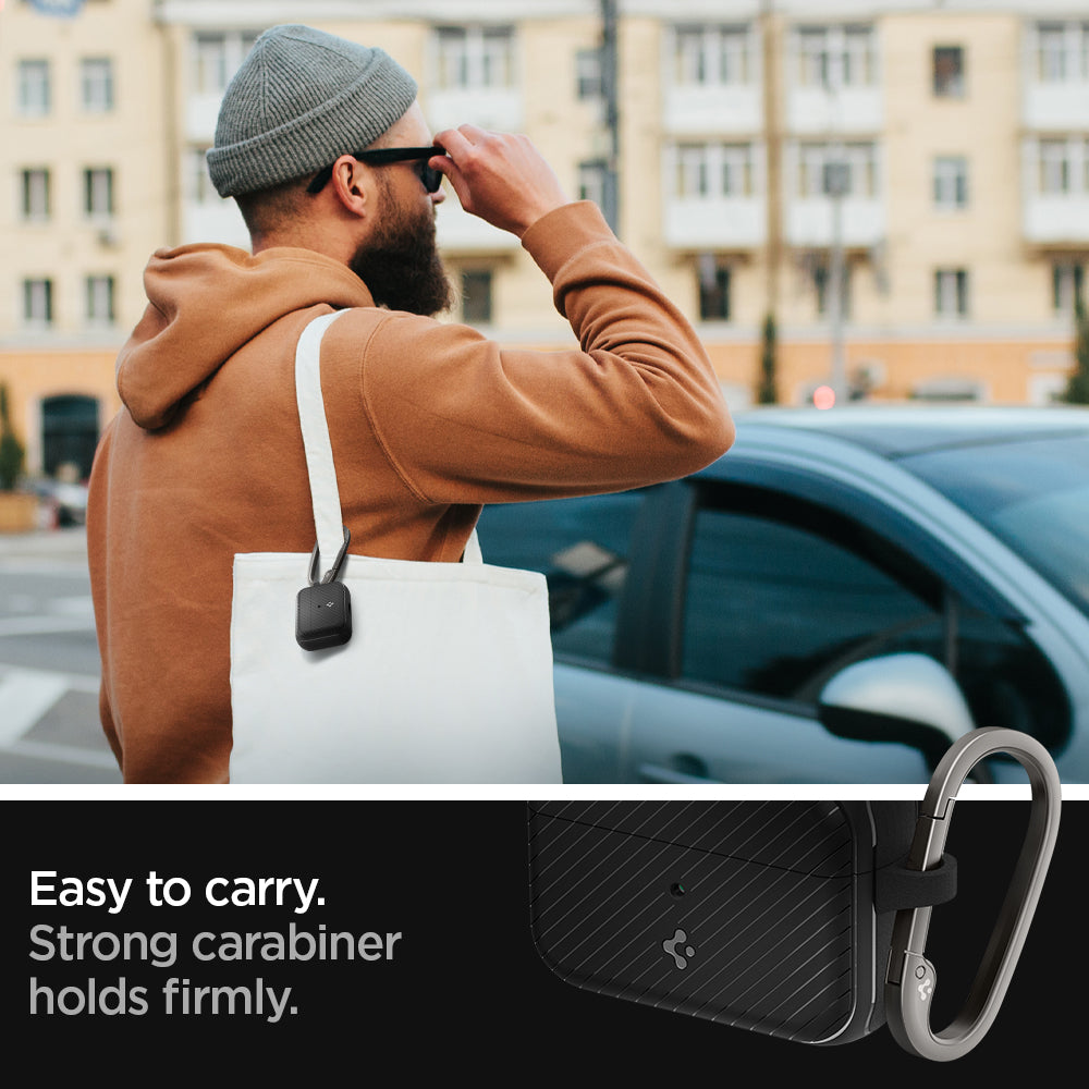 ACS03645 - Airpods Pro Mag Armor in black showing the easy to carry. Strong carabiner holds firmly