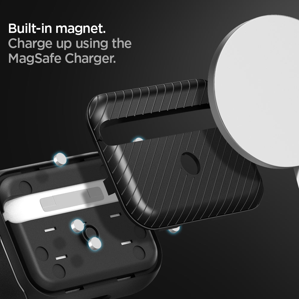 ACS03645 - Airpods Pro Mag Armor in black showing the built-in magnet. Charge up using the MagSafe charger