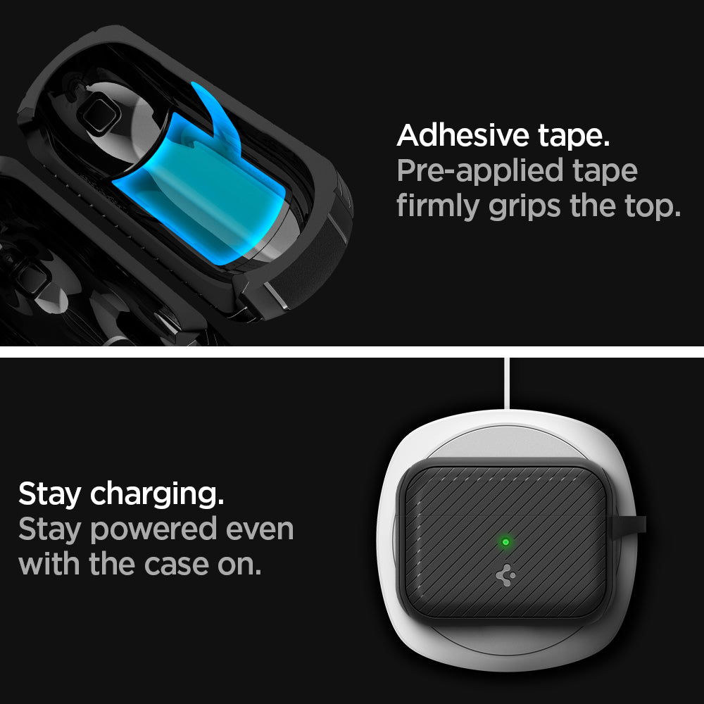 ACS03645 - Airpods Pro Mag Armor in black showing the adhesive tape. Pre-applied tape firmly grips the top. Stay charging. Stay powered even with the case on