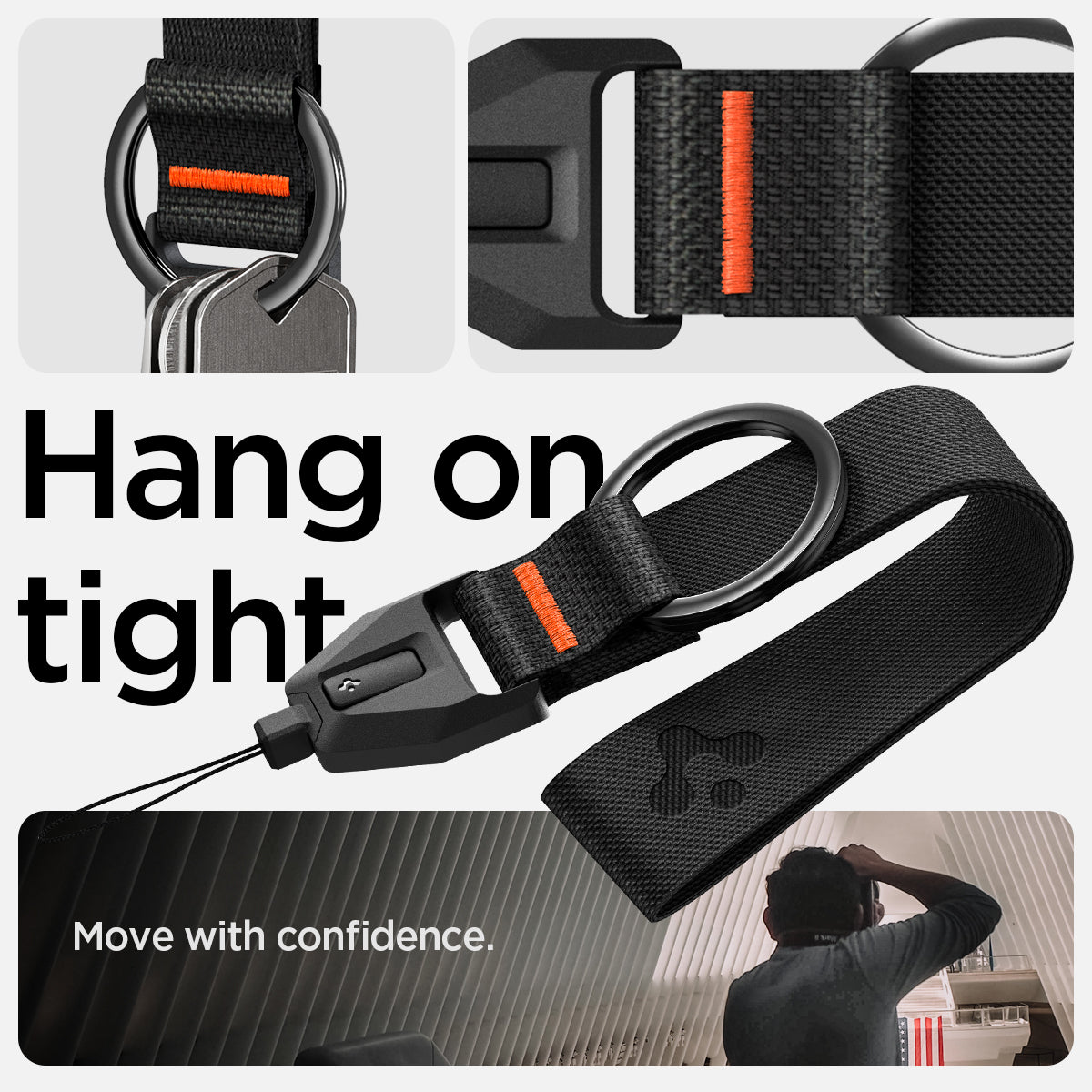 ASD05860 - AirPods Series Lanyard + Keychain in black showing the hang on tight, move with confidence