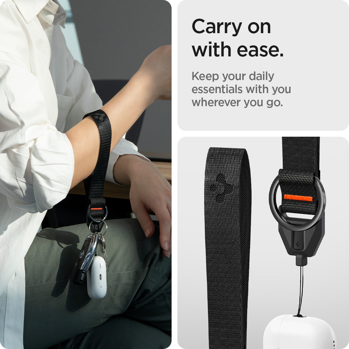 ASD05860 - AirPods Series Lanyard + Keychain in black showing the carry on with easy, keep your daily essentials with you wherever you go