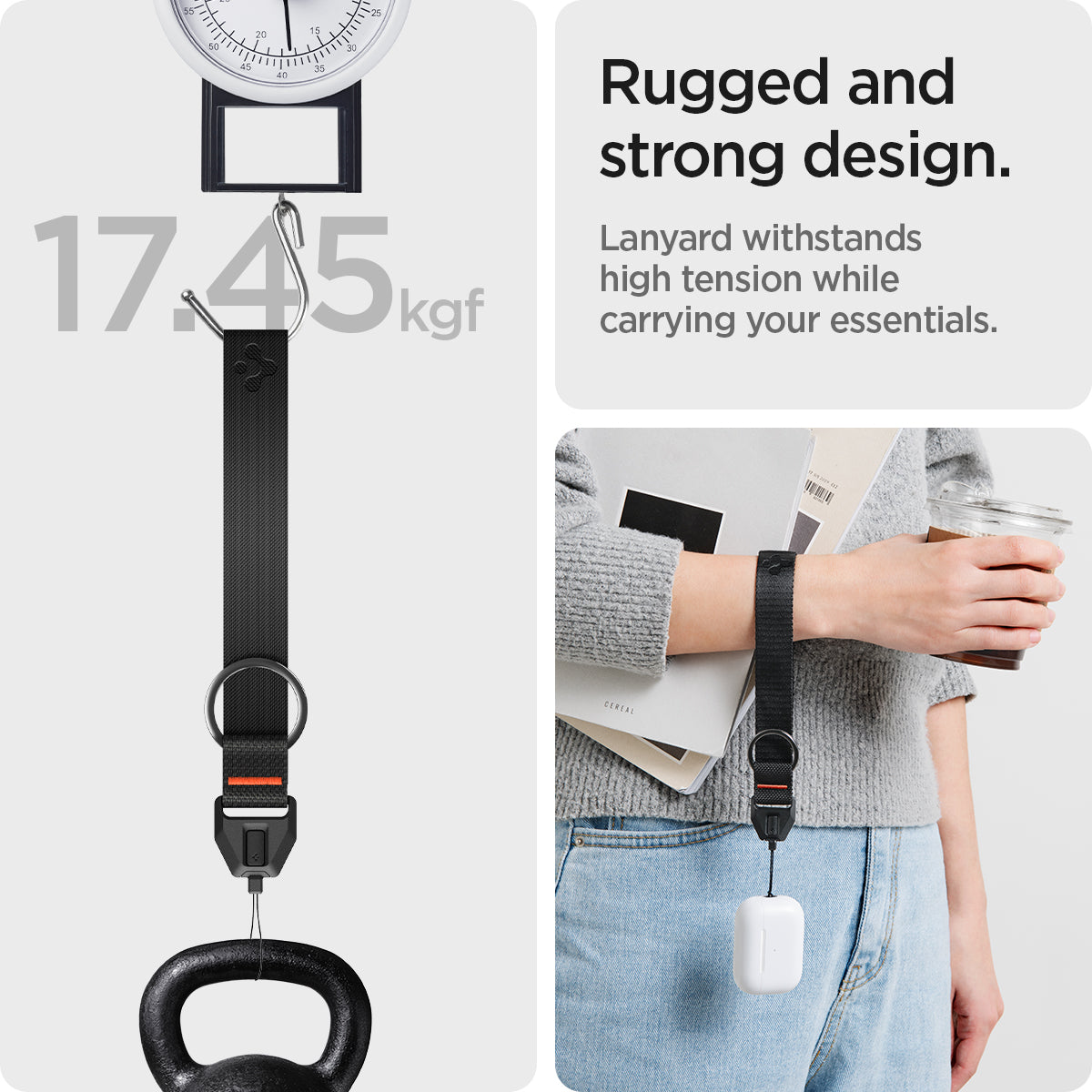 ASD05860 - AirPods Series Lanyard + Keychain in black showing the rugged and strong design, lanyard withstands high tension while carrying your essentials