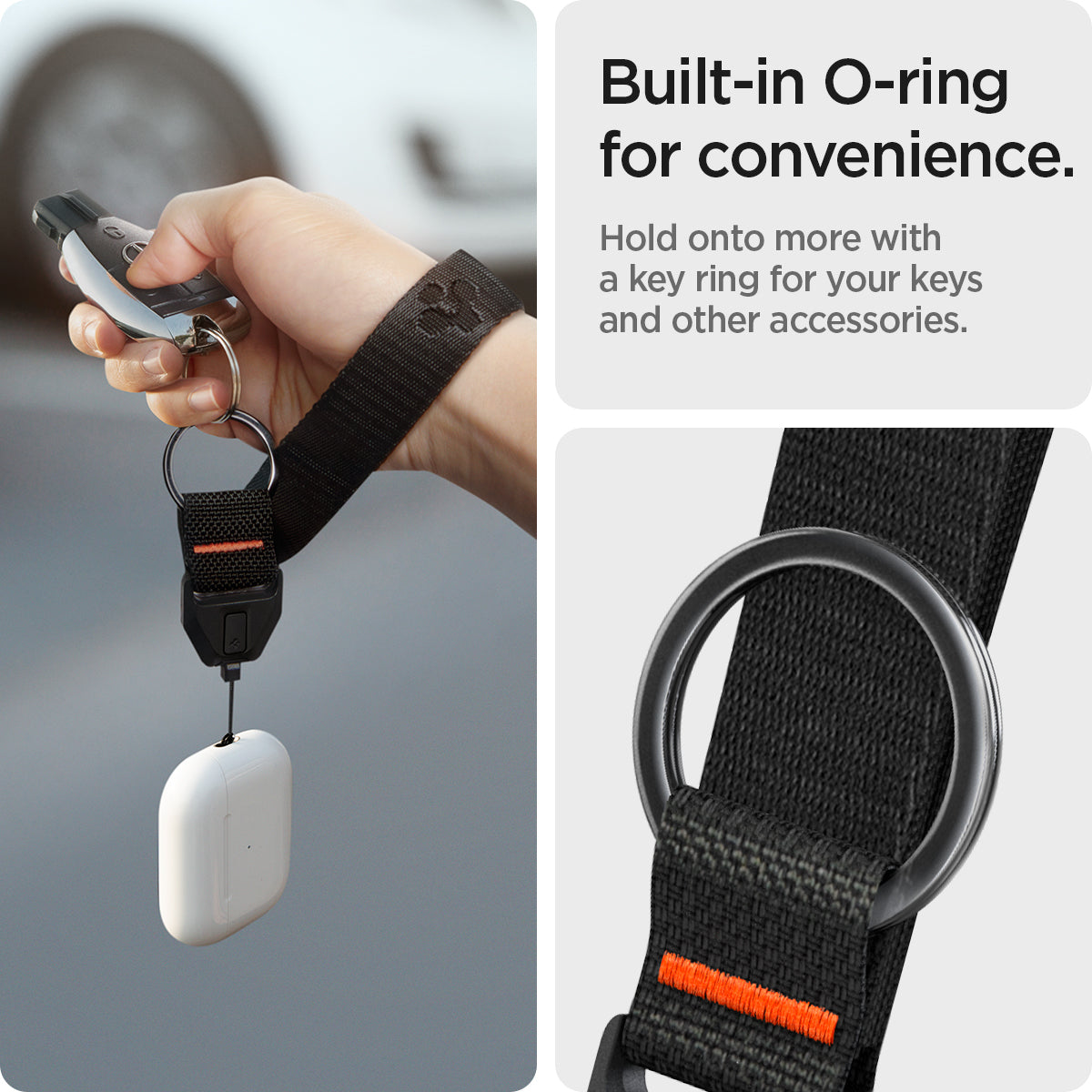 ASD05860 - AirPods Series Lanyard + Keychain in black showing the built-in O-ring for convenience, hold onto more with a key ring for your keys and other accessories