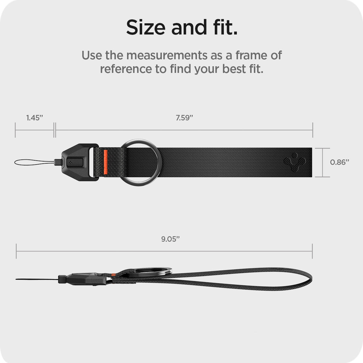 ASD05860 - AirPods Series Lanyard + Keychain in black showing the size and fit, use the measurements as a frame of reference to find your best fit L(7.59") x W(0.86") string(1.45") over all size [9.05"]