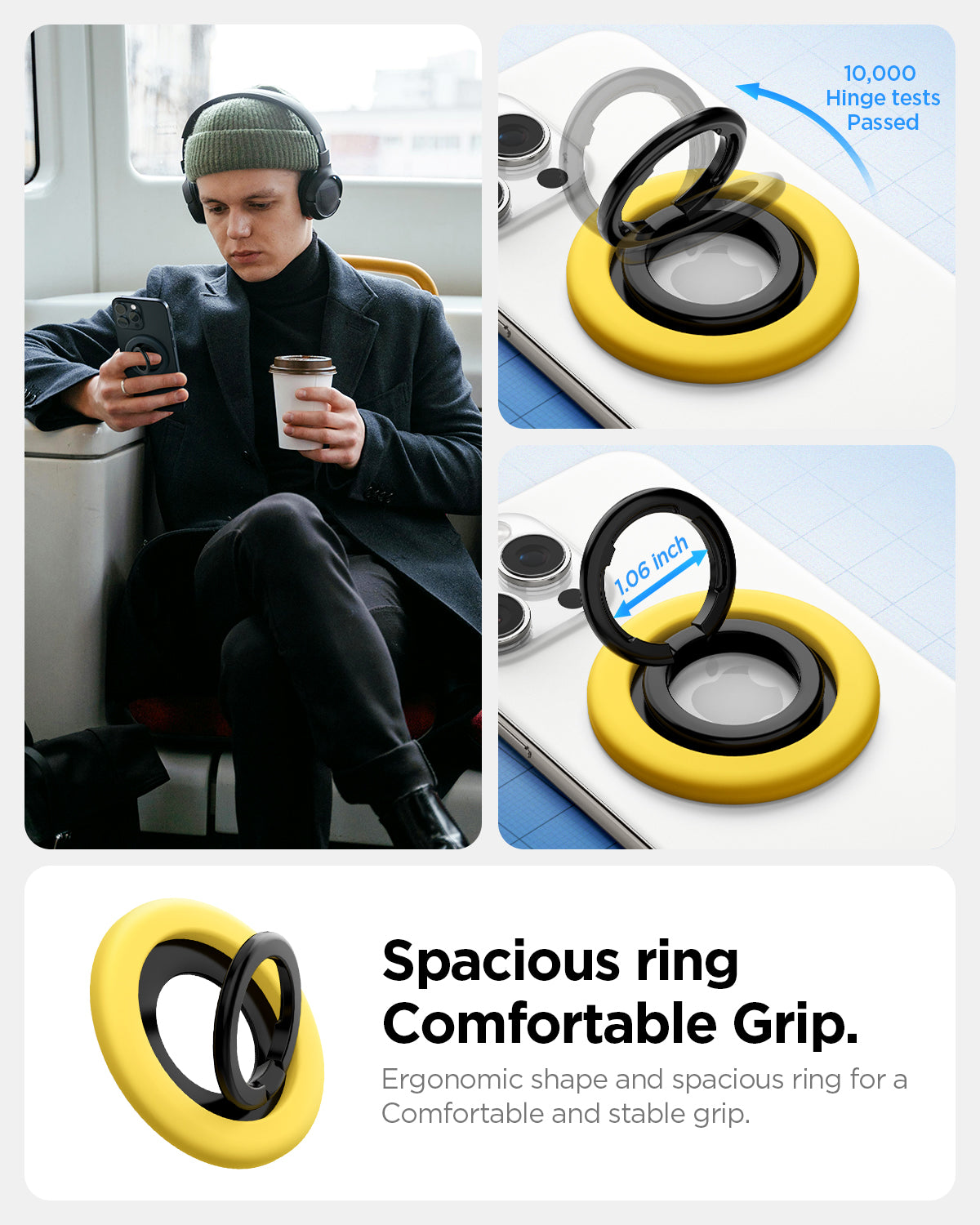 AMP09027 - MagSafe Phone Holder Nano Pop (MagFit) in Mango Yellow showing the spacious ring (1.06in) comfortable Grip, 10,000 hinge tests passed. Ergonomic shape for a comfortable and stable grip