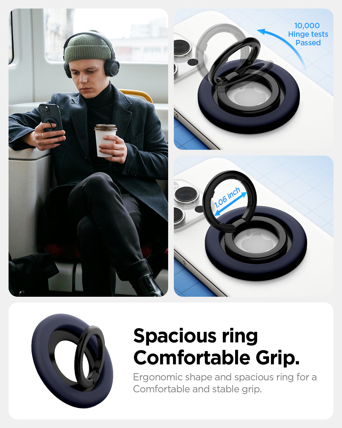 AMP09028 - MagSafe Phone Holder Nano Pop (MagFit) in Blueberry Navy showing the spacious ring (1.06in) comfortable Grip, 10,000 hinge tests passed. Ergonomic shape for a comfortable and stable grip