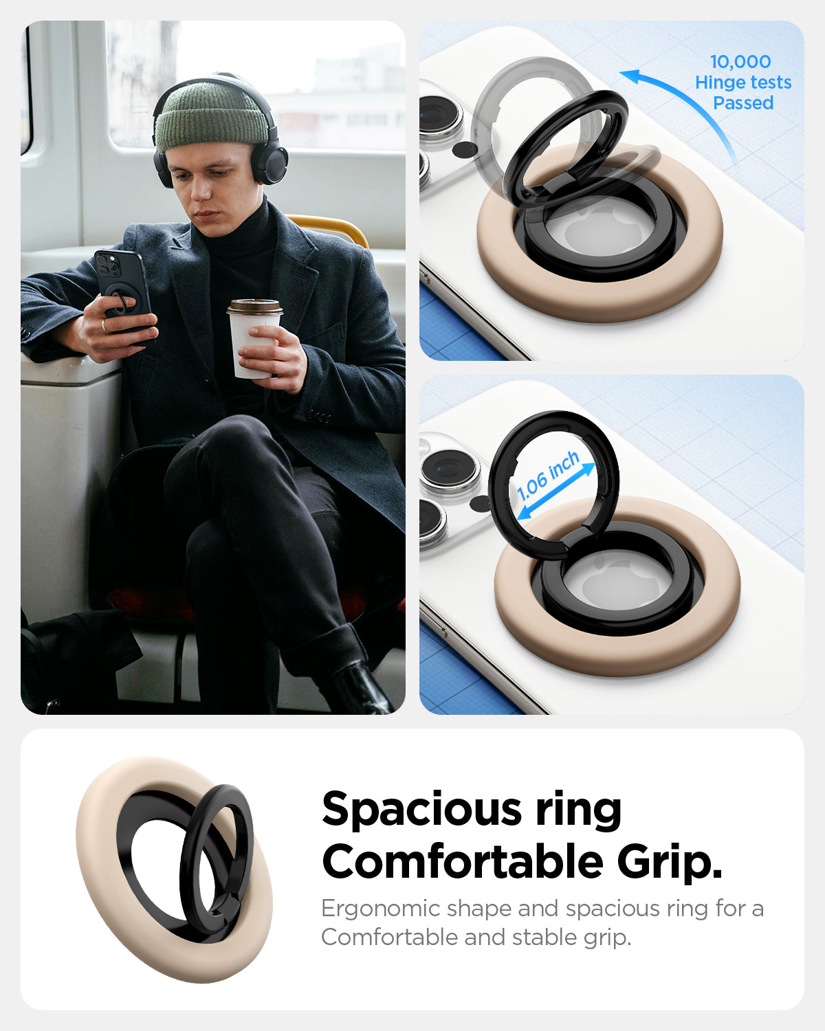 AMP09031 - MagSafe Phone Holder Nano Pop (MagFit) in Coconut Beige showing the spacious ring (1.06in) comfortable Grip, 10,000 hinge tests passed. Ergonomic shape for a comfortable and stable grip