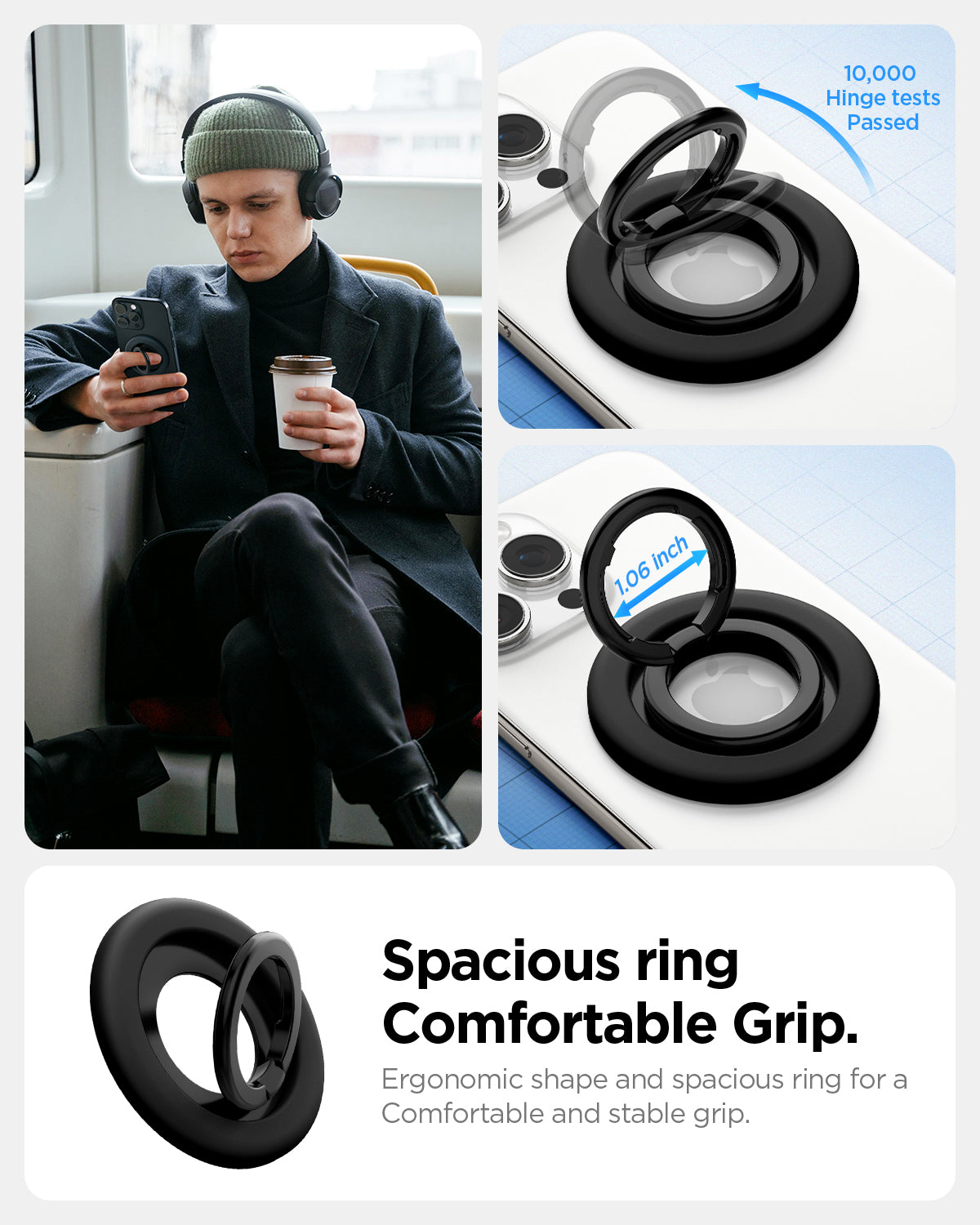 AMP09029 - MagSafe Phone Holder Nano Pop (MagFit) in Black Sesame showing the spacious ring (1.06in) comfortable Grip, 10,000 hinge tests passed. Ergonomic shape for a comfortable and stable grip