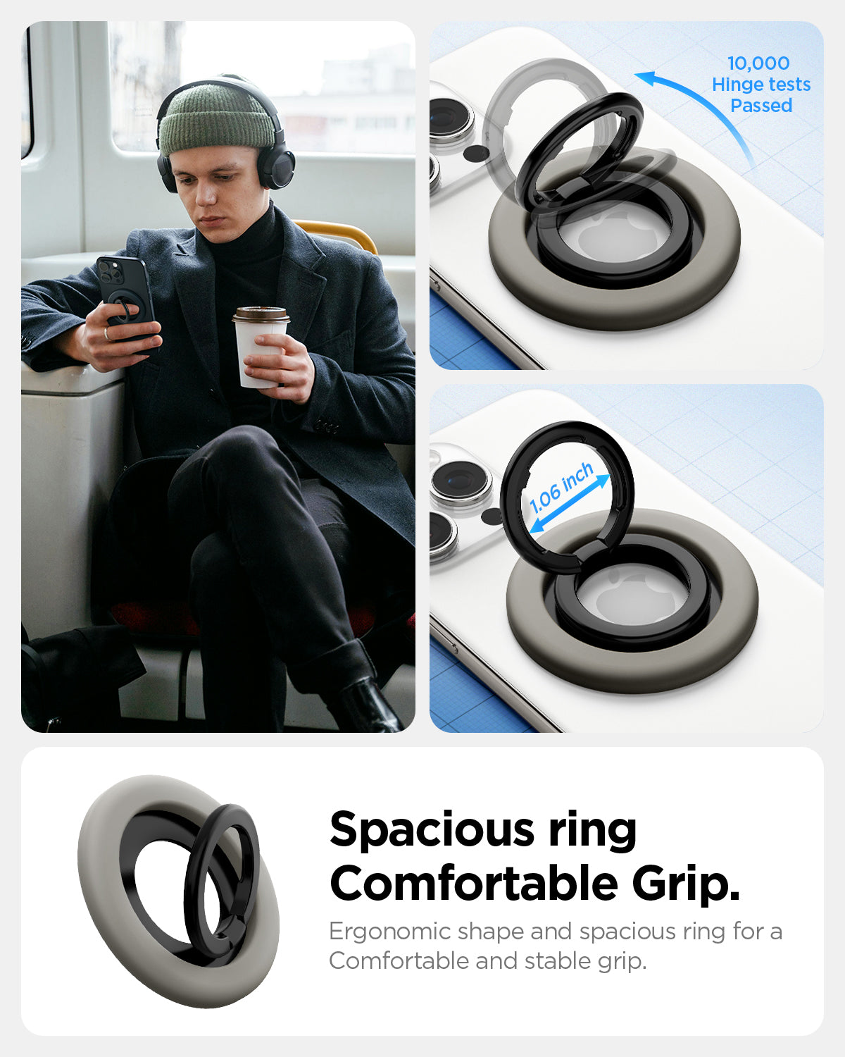 AMP09032 - MagSafe Phone Holder Nano Pop (MagFit) in Truffle Gray showing the spacious ring (1.06in) comfortable Grip, 10,000 hinge tests passed. Ergonomic shape for a comfortable and stable grip