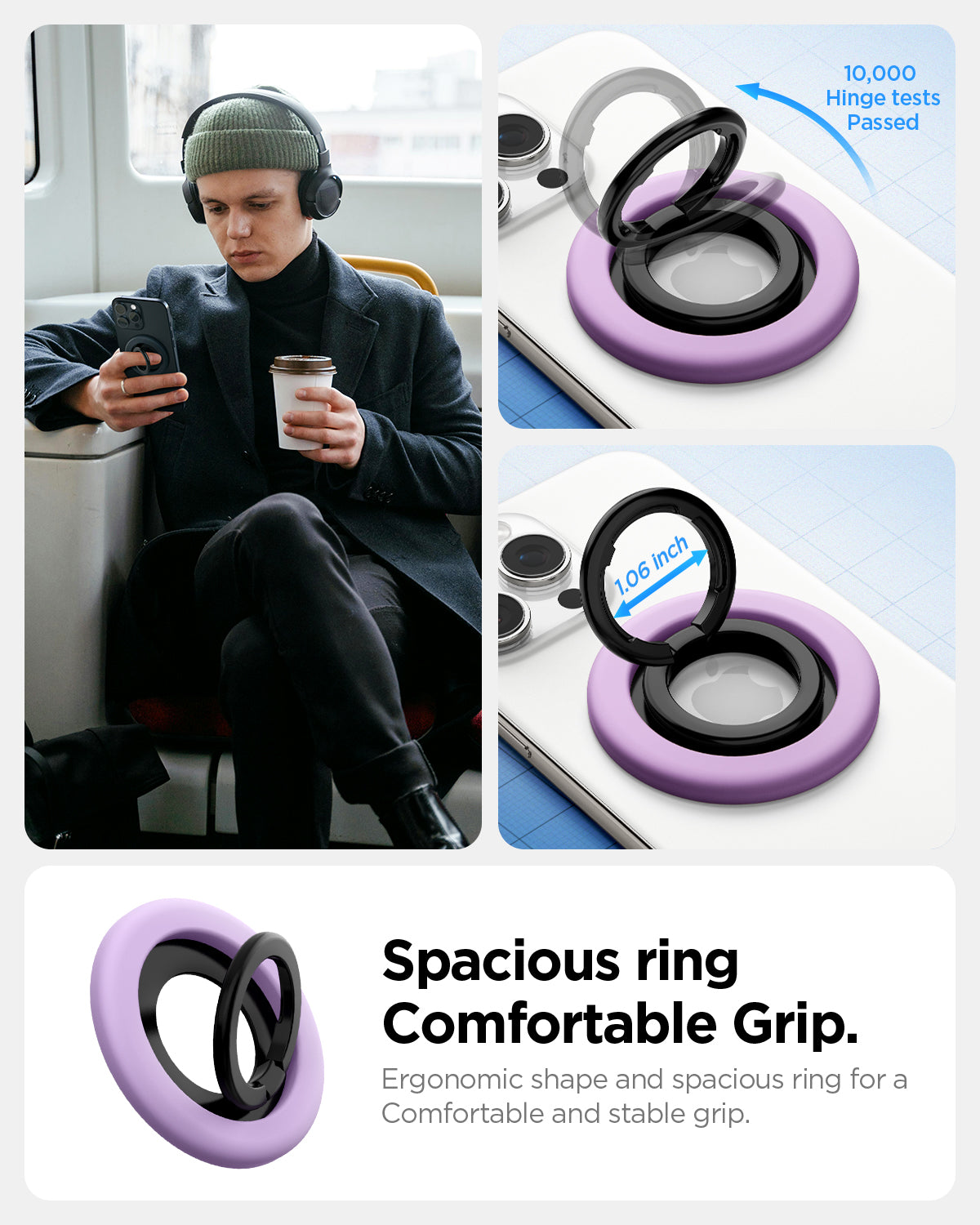 AMP09030 - MagSafe Phone Holder Nano Pop (MagFit) in Grape Purple showing the spacious ring (1.06in) comfortable Grip, 10,000 hinge tests passed. Ergonomic shape for a comfortable and stable grip