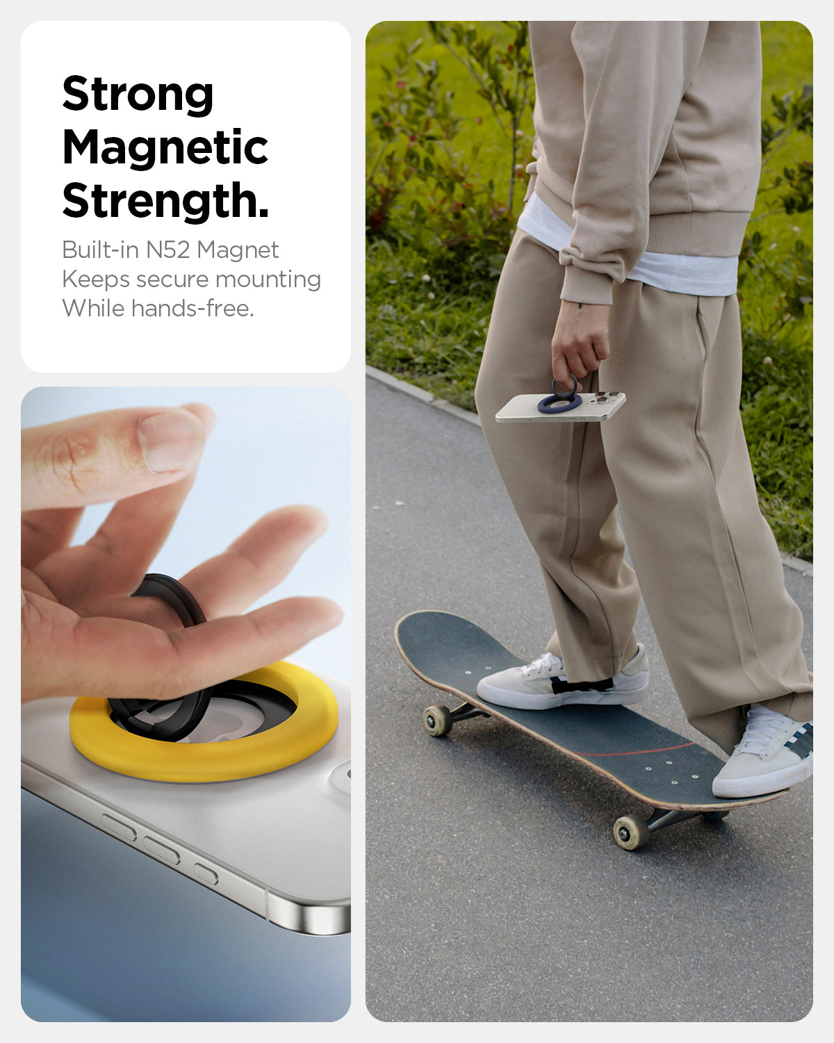 AMP09027 - MagSafe Phone Holder Nano Pop (MagFit) in Mango Yellow showing the strong magnetic strength. Built-in N52 magnetic keeps secure mounting while hands-free