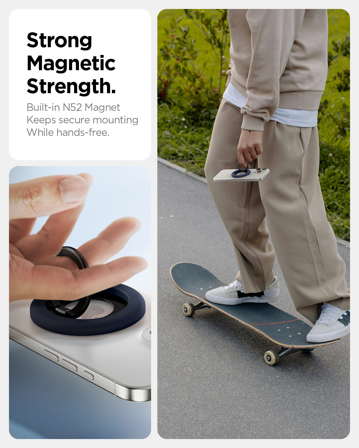 AMP09028 - MagSafe Phone Holder Nano Pop (MagFit) in Blueberry Navy showing the strong magnetic strength. Built-in N52 magnetic keeps secure mounting while hands-free