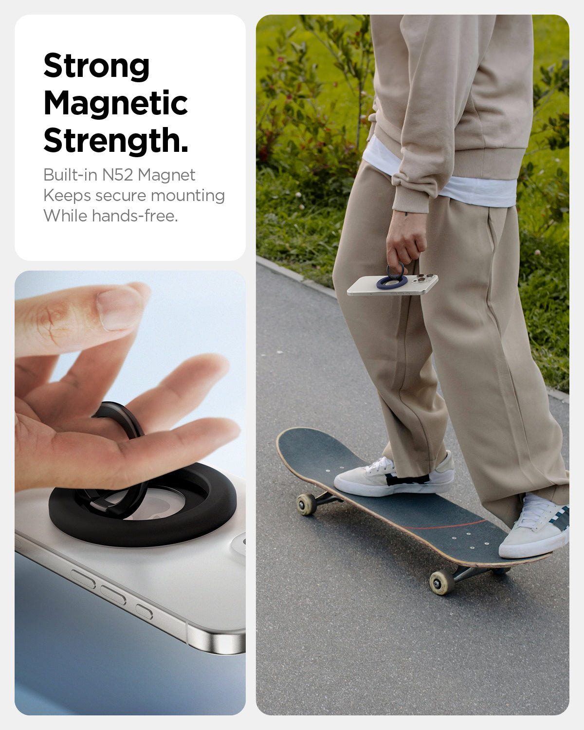 AMP09029 - MagSafe Phone Holder Nano Pop (MagFit) in Black Sesame showing the strong magnetic strength. Built-in N52 magnetic keeps secure mounting while hands-free