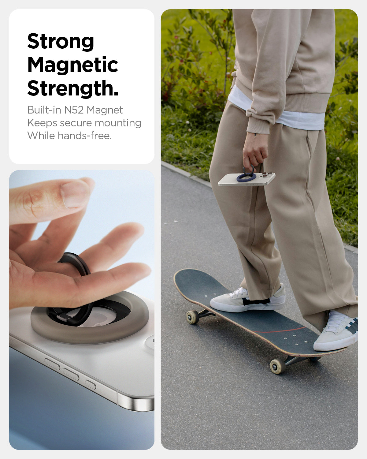 AMP09032 - MagSafe Phone Holder Nano Pop (MagFit) in Truffle Gray showing the strong magnetic strength. Built-in N52 magnetic keeps secure mounting while hands-free