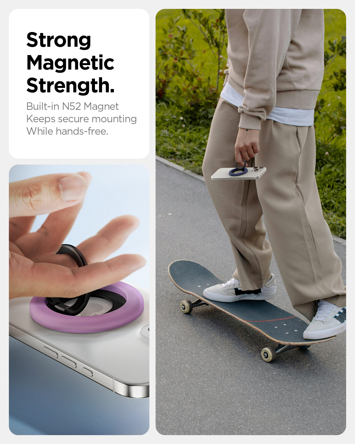 AMP09030 - MagSafe Phone Holder Nano Pop (MagFit) in Grape Purple showing the strong magnetic strength. Built-in N52 magnetic keeps secure mounting while hands-free