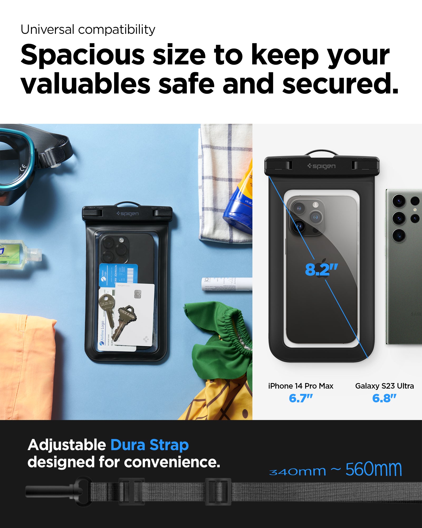 AMP04525 - AquaShield Waterproof Case A601 in Black showing the universal compatibility, spacious size to keep your valuables safe and secured, adjustable dura strap designed for convenience with 340mm - 560mm in length