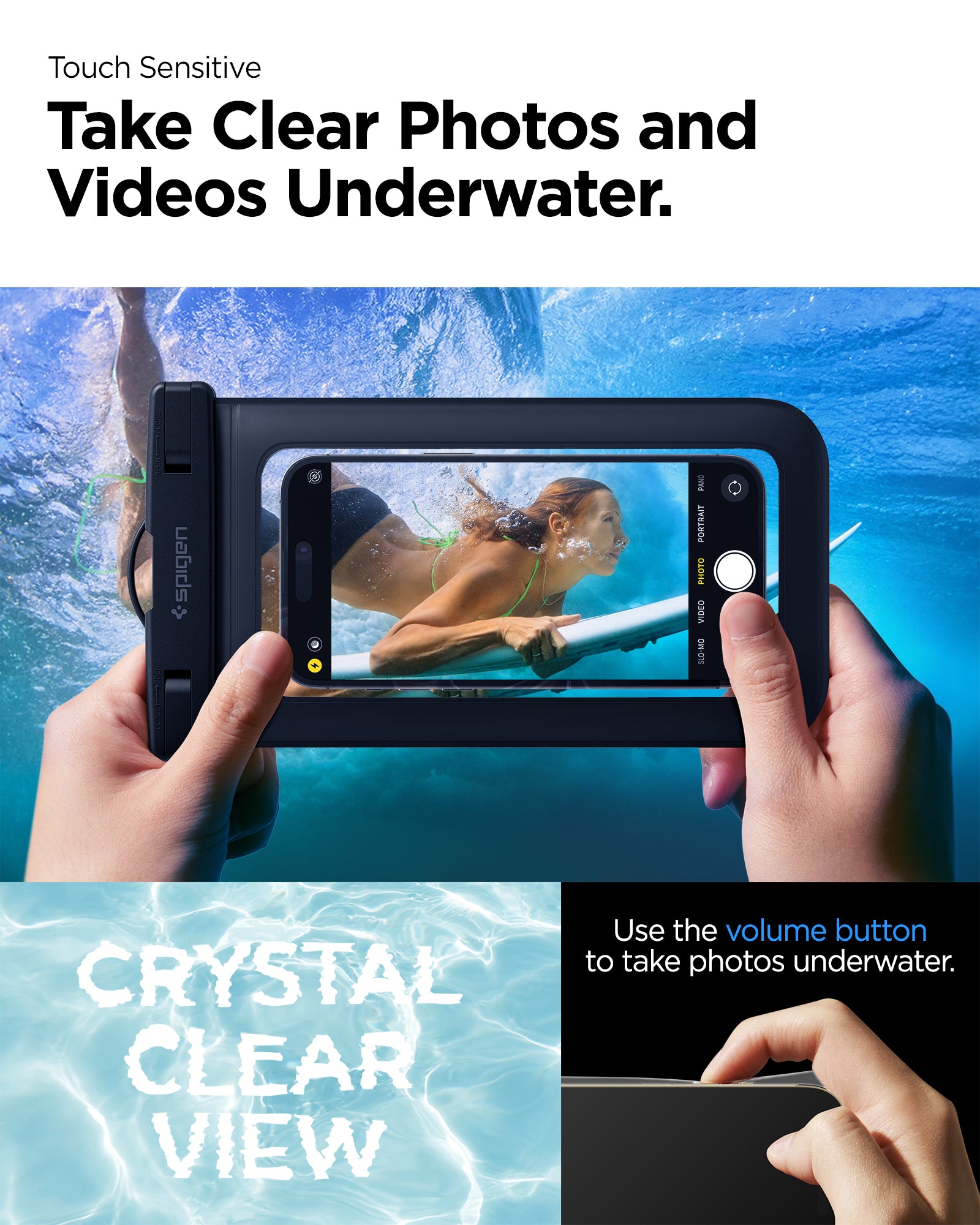 AMP04525 - AquaShield Waterproof Case A601 in Black showing the touch sensitivity, can take clear photos and videos underwater, use volume button to take photos underwater