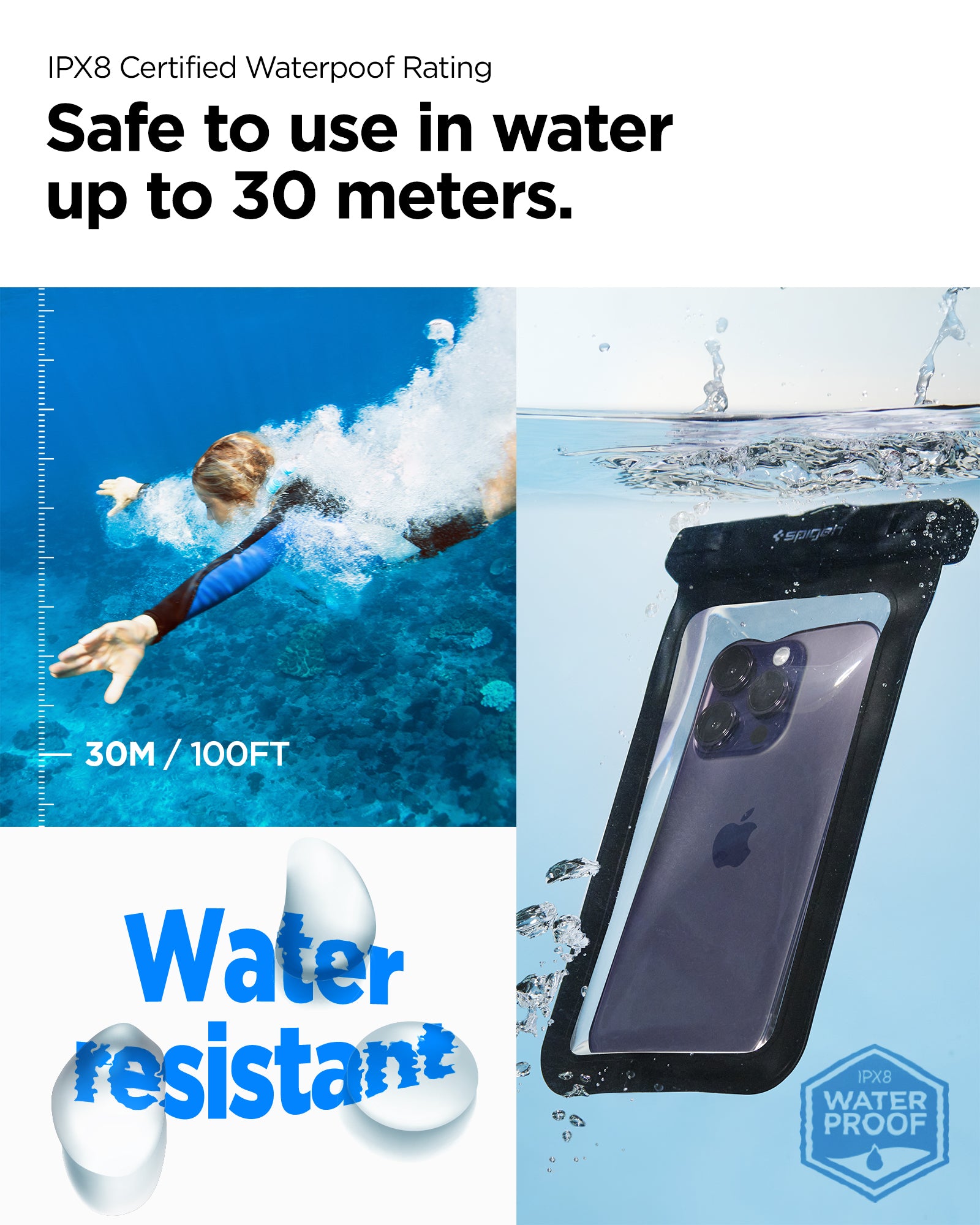 AMP04525 - AquaShield Waterproof Case A601 in Black showing the IPX8 Certified Waterproof Rating, safe to use in water up to 30M/100FT water resistant