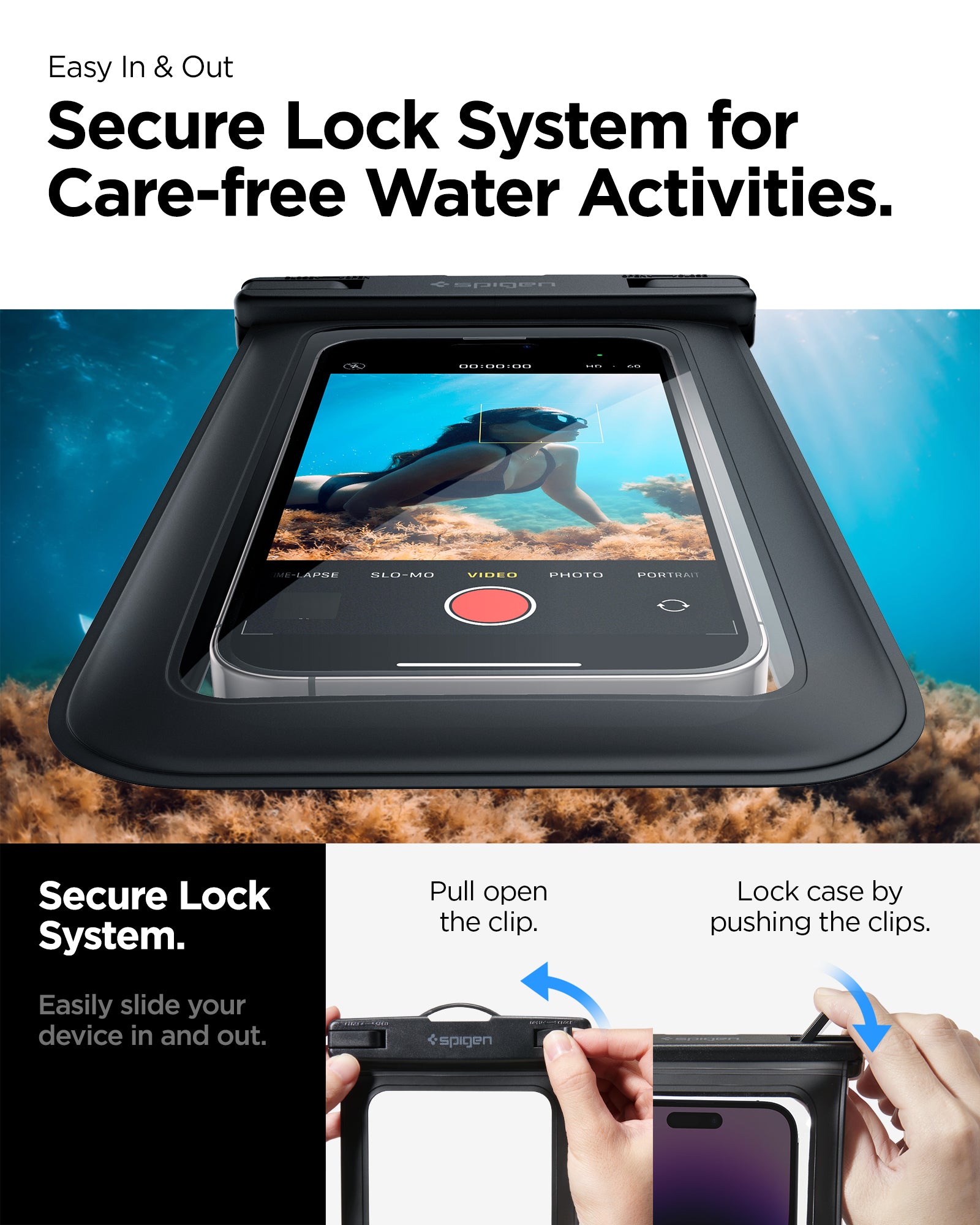 AMP04525 - AquaShield Waterproof Case A601 in Black showing the secure lock system for care-free water activities, easily slide your device in and out