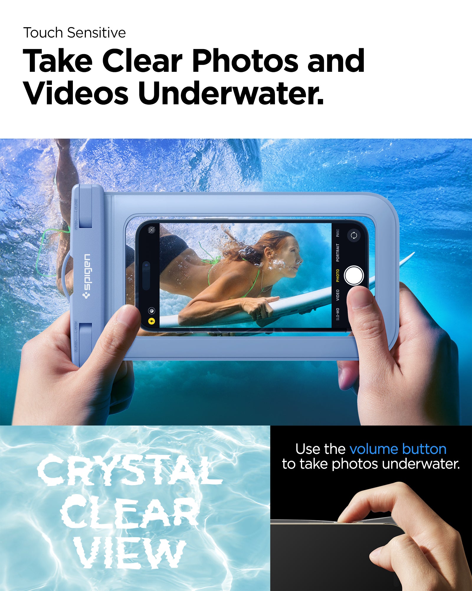 ACS06005 - AquaShield Waterproof Case A601 in Aqua Blue showing the touch sensitivity, can take clear photos and videos underwater, use volume button to take photos underwater