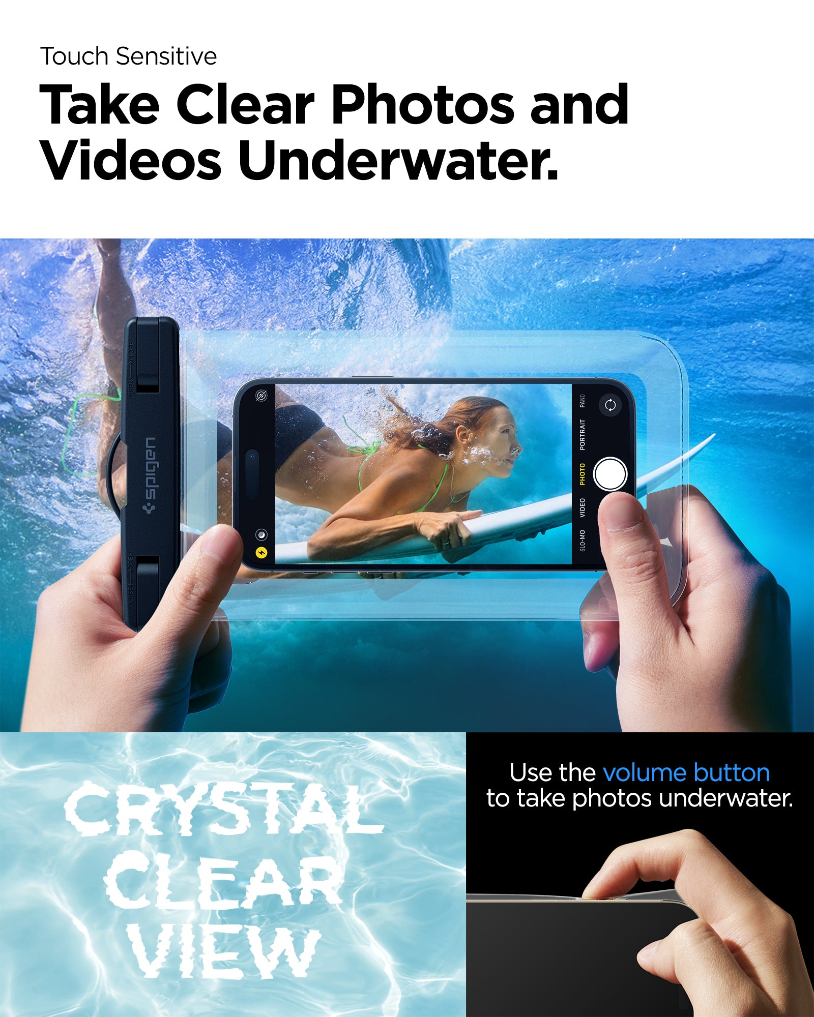 AMP03098 - AquaShield Waterproof Case (2 Pack) A601 in Crystal Clear showing the touch sensitivity, can take clear photos and videos underwater, use volume button to take photos underwater