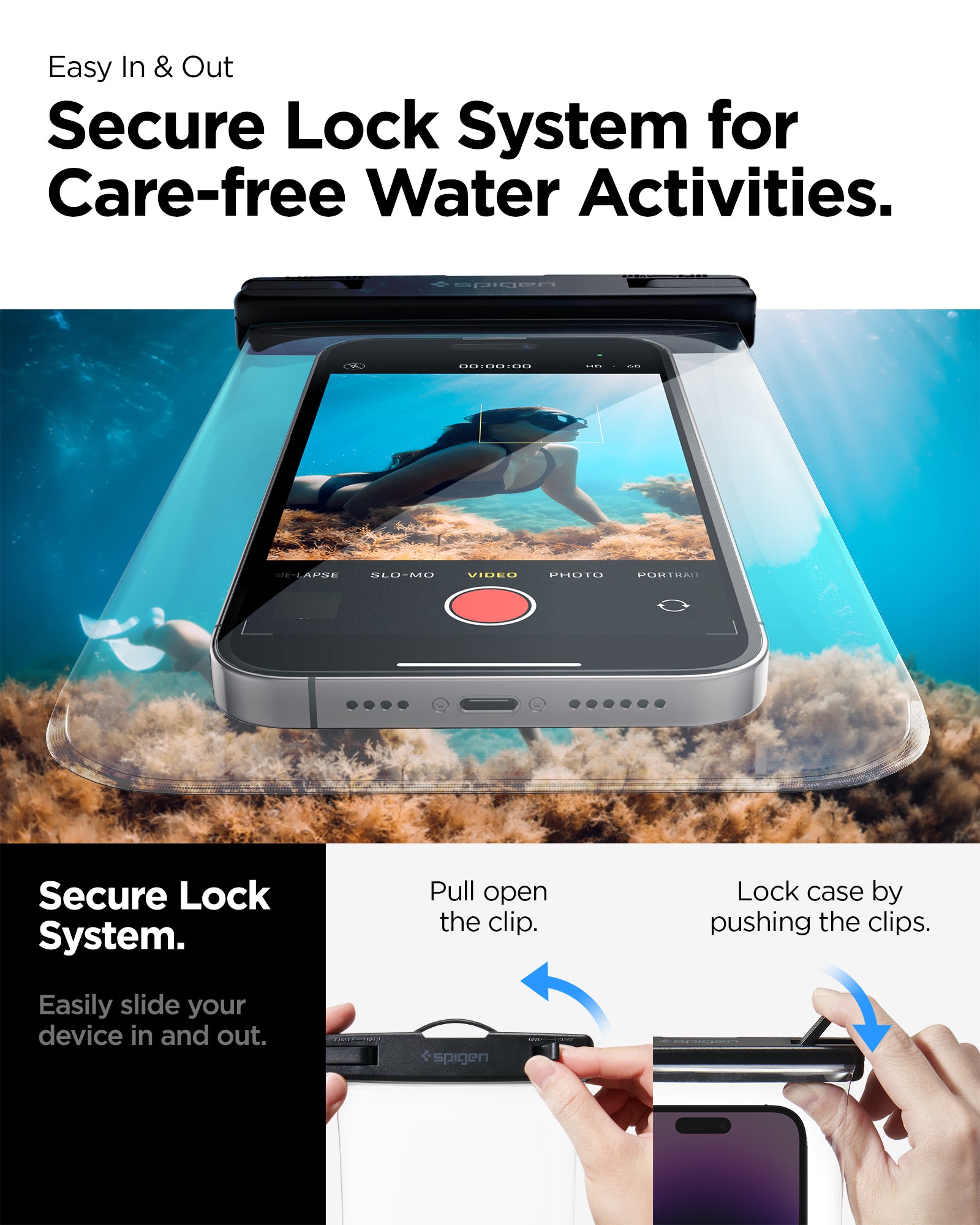 AMP03098 - AquaShield Waterproof Case (2 Pack) A601 in Crystal Clear showing the secure lock system for care-free water activities, easily slide your device in and out