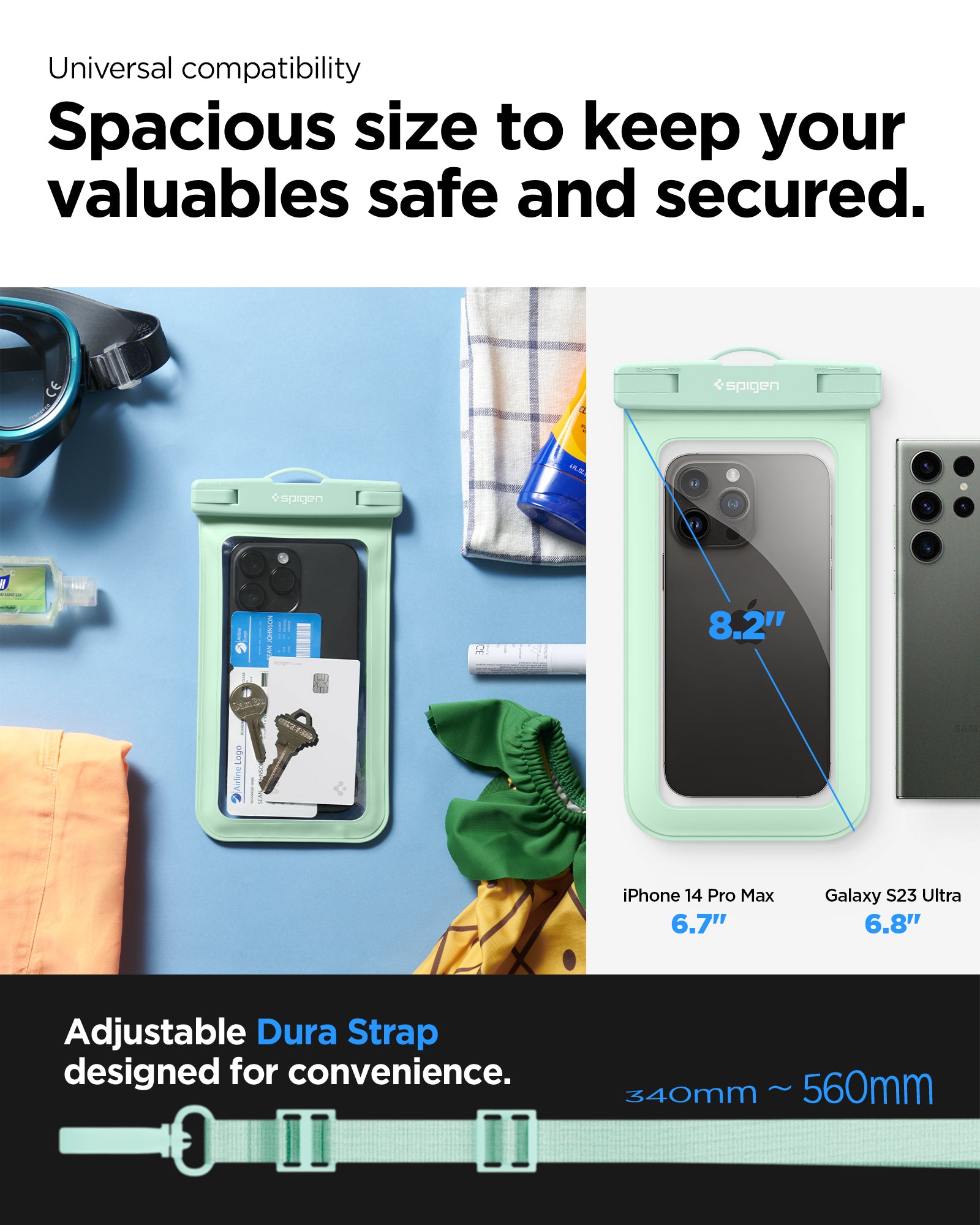 ACS06008 - AquaShield Waterproof Case A601 in Mint showing the universal compatibility, spacious size to keep your valuables safe and secured, adjustable dura strap designed for convenience with 340mm - 560mm in length