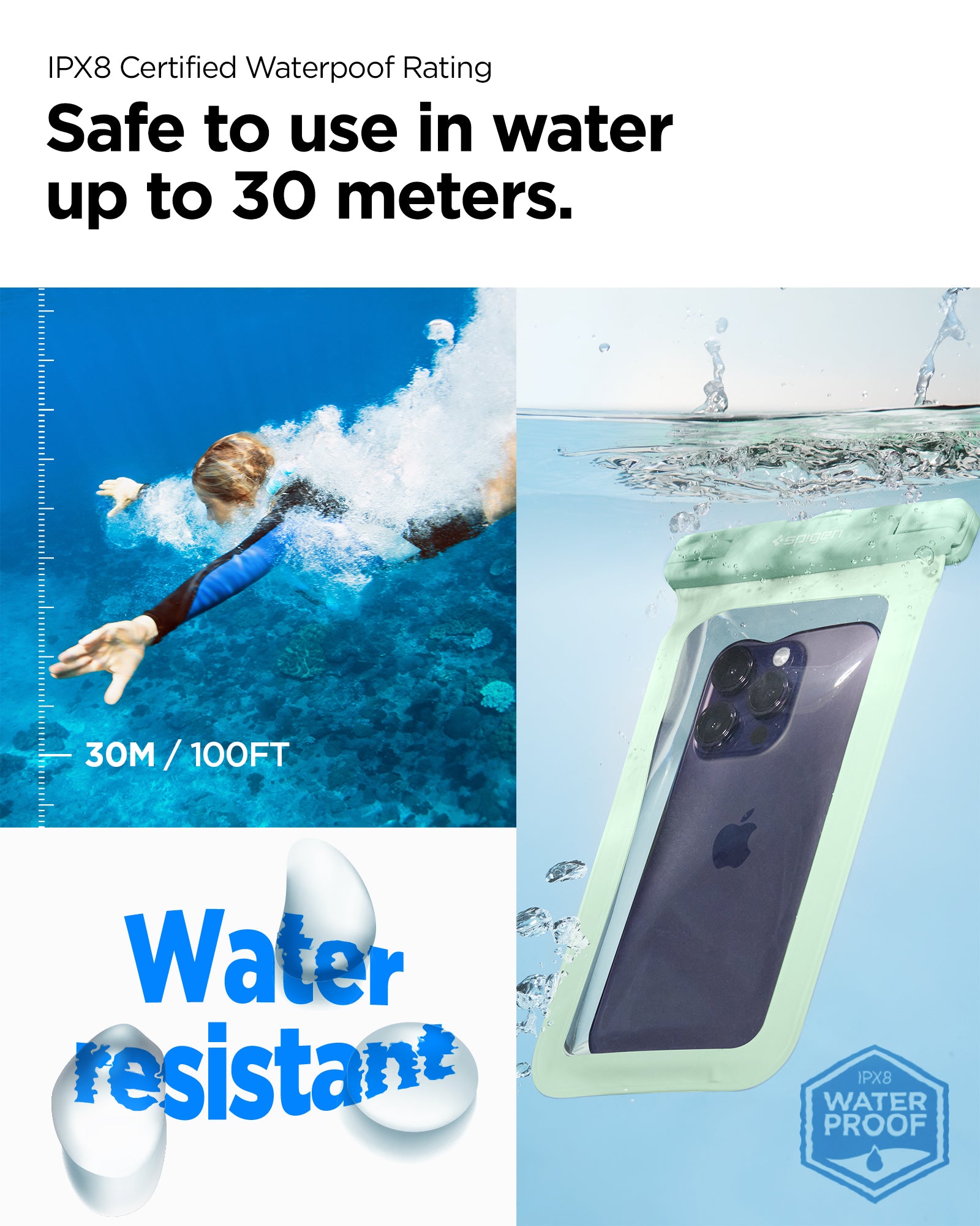 ACS06008 - AquaShield Waterproof Case A601 in Mint showing the IPX8 Certified Waterproof Rating, safe to use in water up to 30M/100FT water resistant