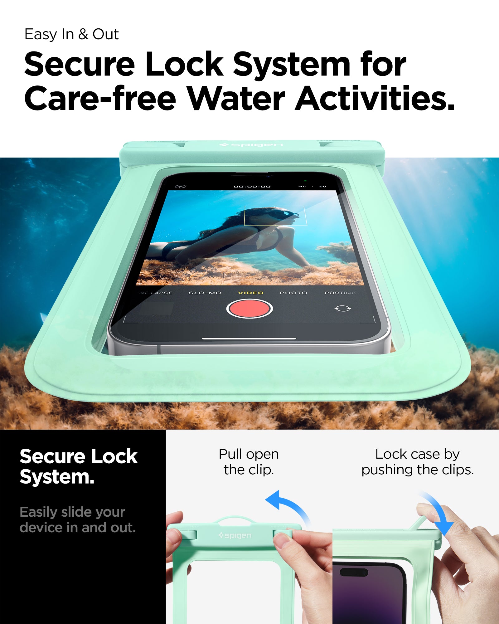 ACS06008 - AquaShield Waterproof Case A601 in Mint showing the secure lock system for care-free water activities, easily slide your device in and out