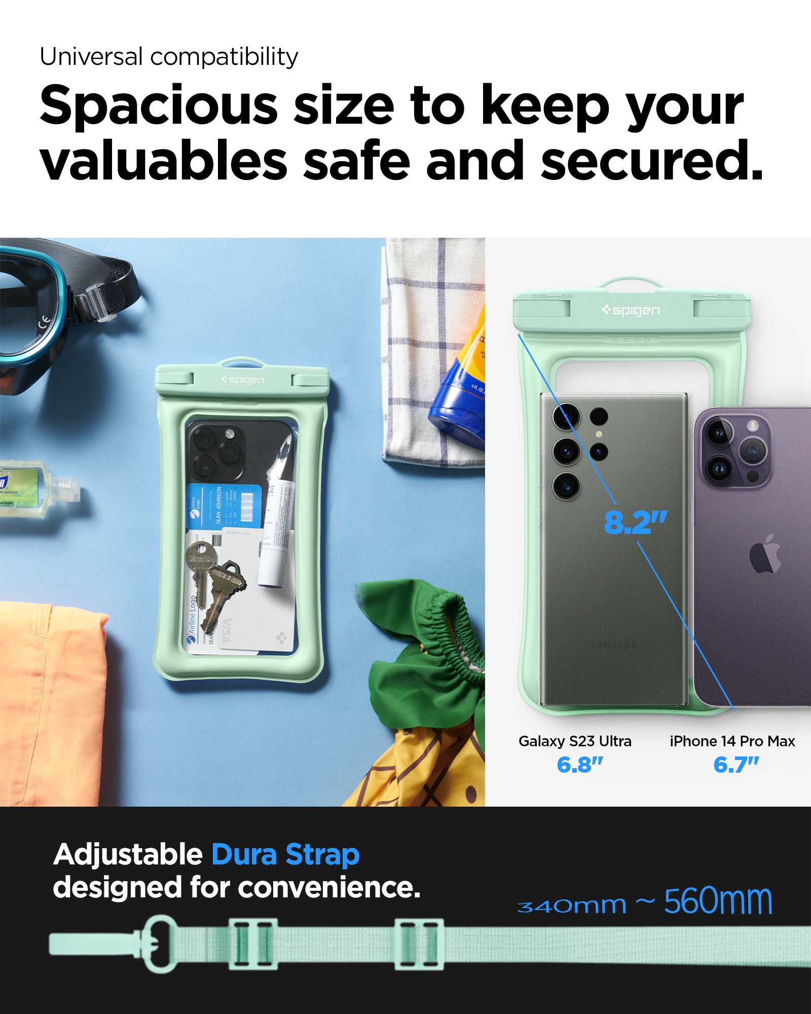 ACS06019 - AquaShield Waterproof Floating Case (2 Pack) A610 in Mint showing the universal compatibility, spacious size to keep your valuables safe and secured, adjustable dura strap designed for convenience with 340mm - 560mm in length