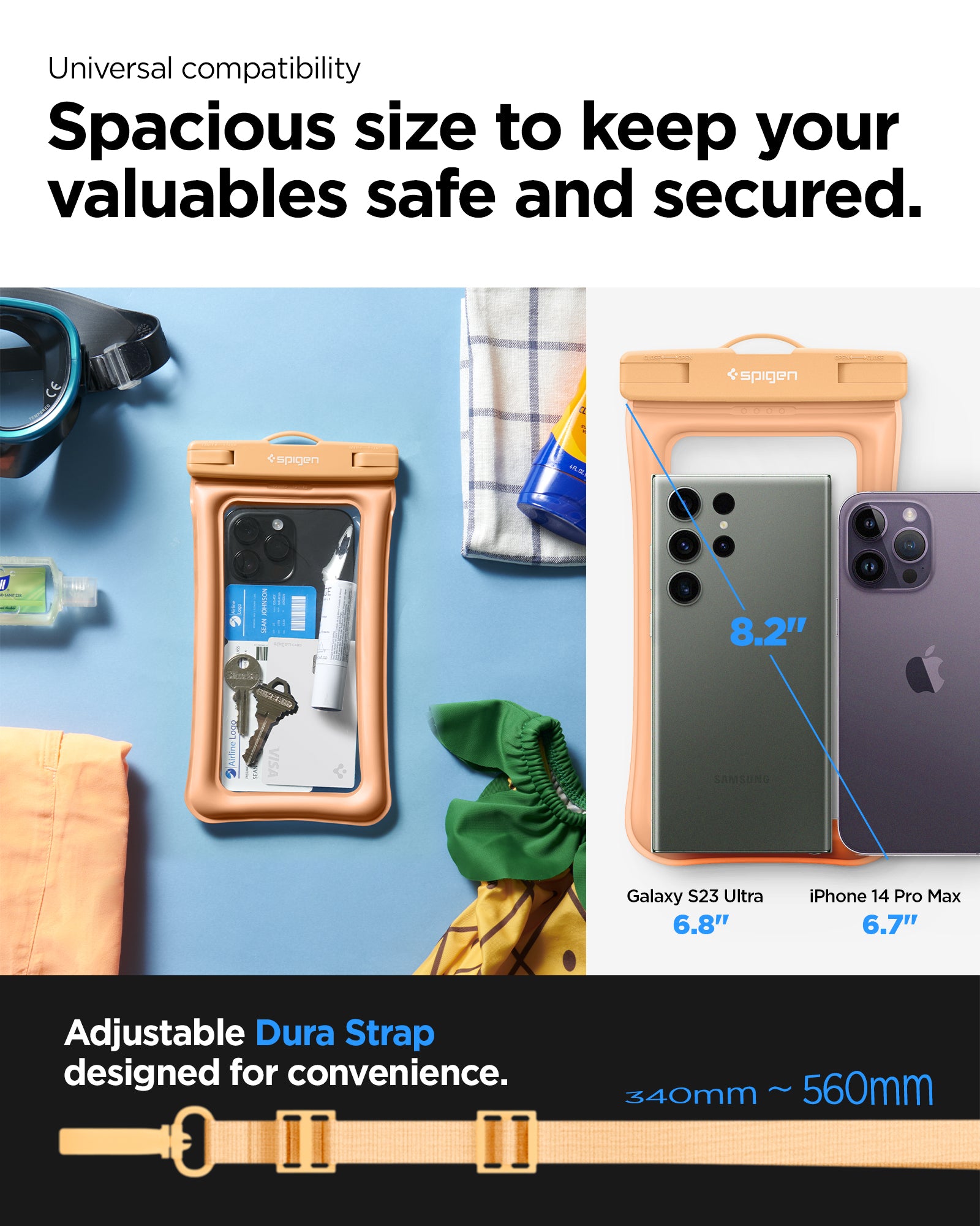 ACS06011 - AquaShield Waterproof Floating Case A610 in Apricot showing the universal compatibility, spacious size to keep your valuables safe and secured, adjustable dura strap designed for convenience with 340mm - 560mm in length