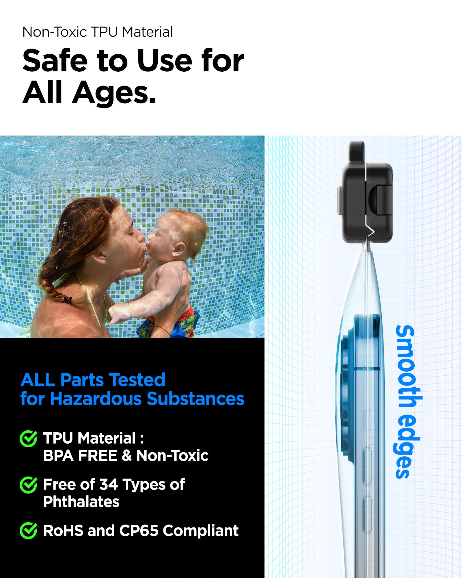 AMP04530 - AquaShield Waterproof Floating Case A610 in Crystal Clear showing the non-toxic TPU material, safe to use for all ages, all parts tested for hazardous substance, BPA Free, Free of 34 types of phthalates, RoHS and CP65 compliant