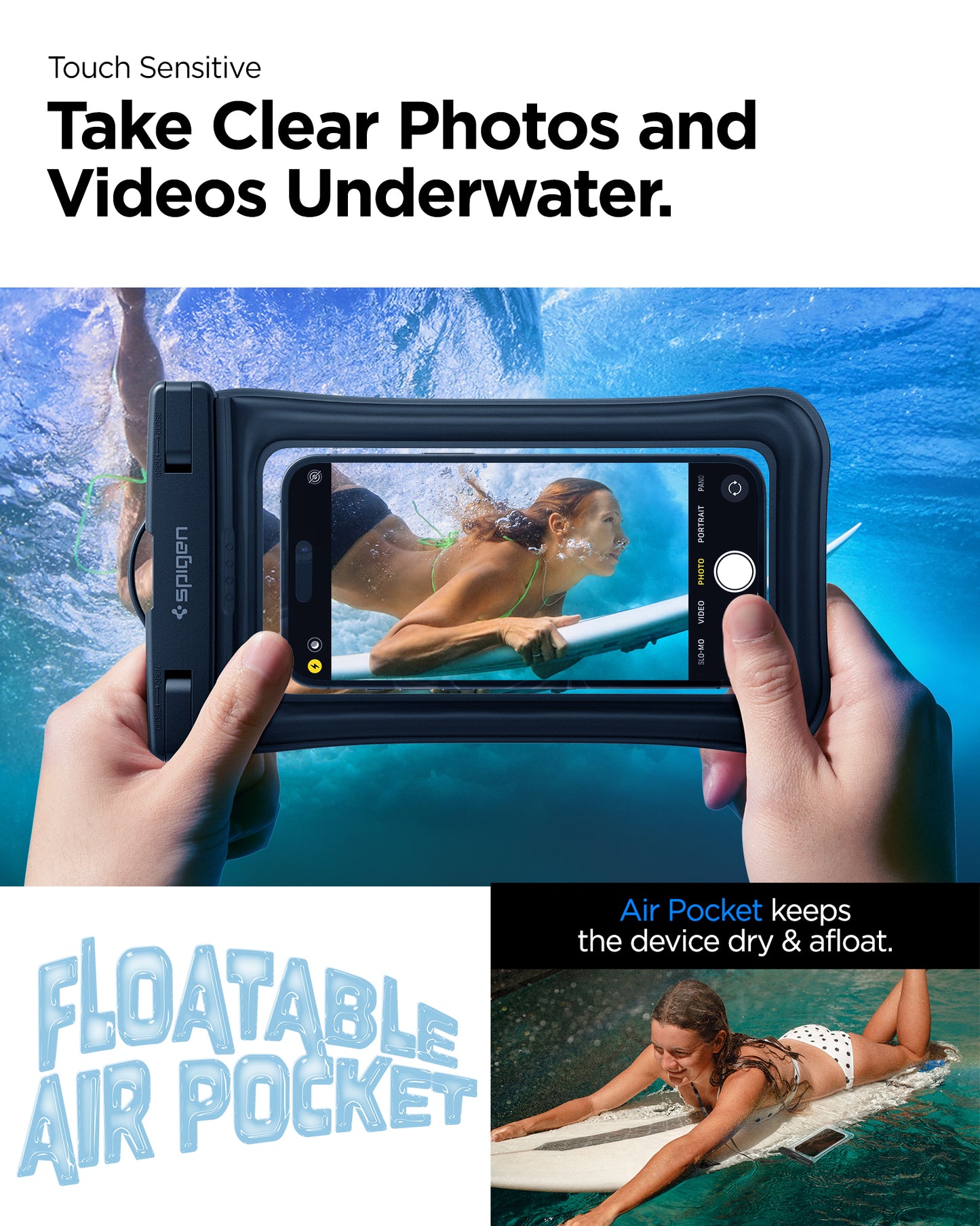 AMP04529 - AquaShield Waterproof Floating Case A610 in Black showing the touch sensitivity, can take clear photos and videos underwater,, air pocket keeps the device dry and afloat