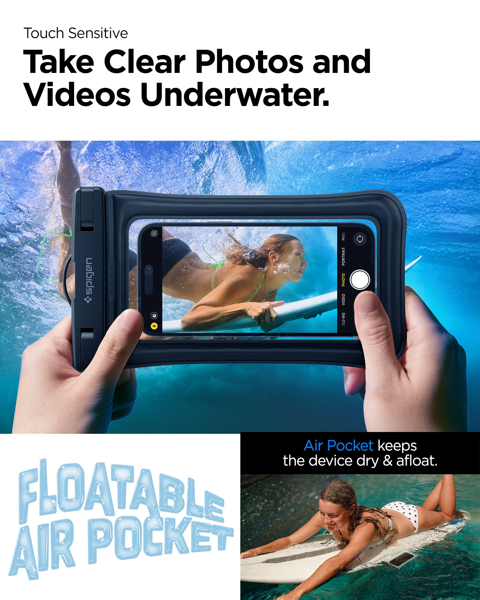 AMP04527 - AquaShield Waterproof Floating Case (2 Pack) A610 in Black showing the touch sensitivity, can take clear photos and videos underwater,, air pocket keeps the device dry and afloat