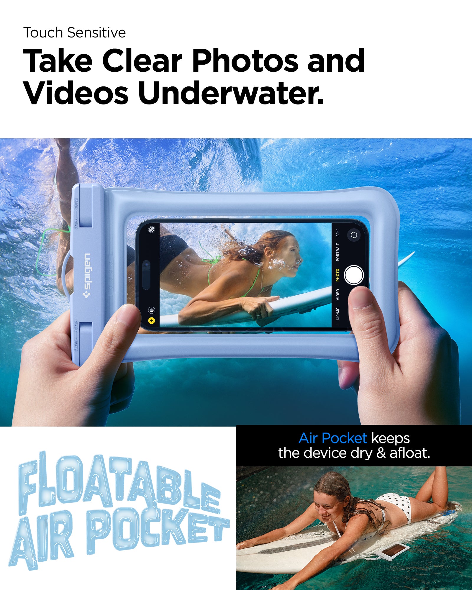 ACS06009 - AquaShield Waterproof Floating Case A610 in Aqua Blue showing the touch sensitivity, can take clear photos and videos underwater,, air pocket keeps the device dry and afloat