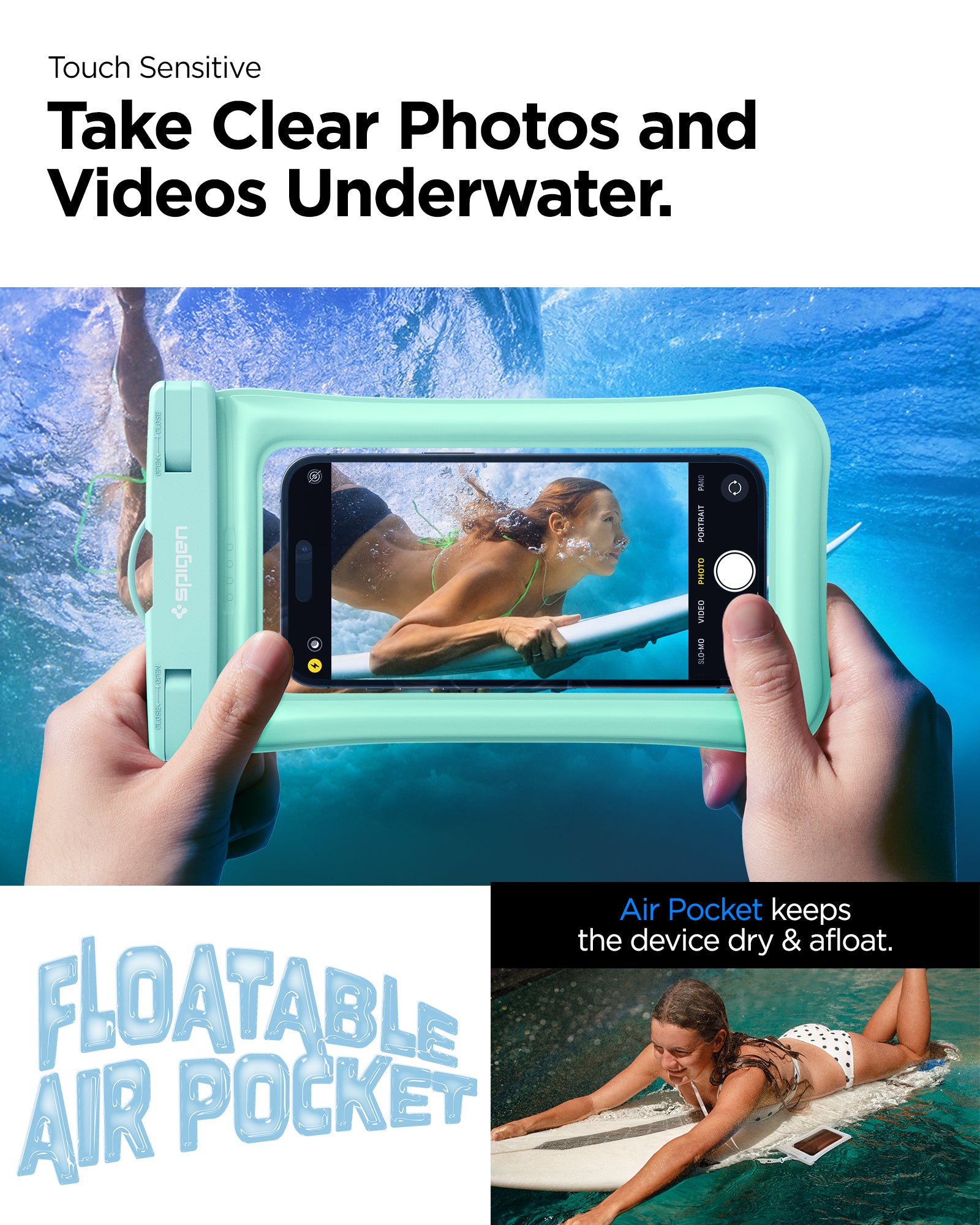 ACS06019 - AquaShield Waterproof Floating Case (2 Pack) A610 in Mint showing the touch sensitivity, can take clear photos and videos underwater,, air pocket keeps the device dry and afloat