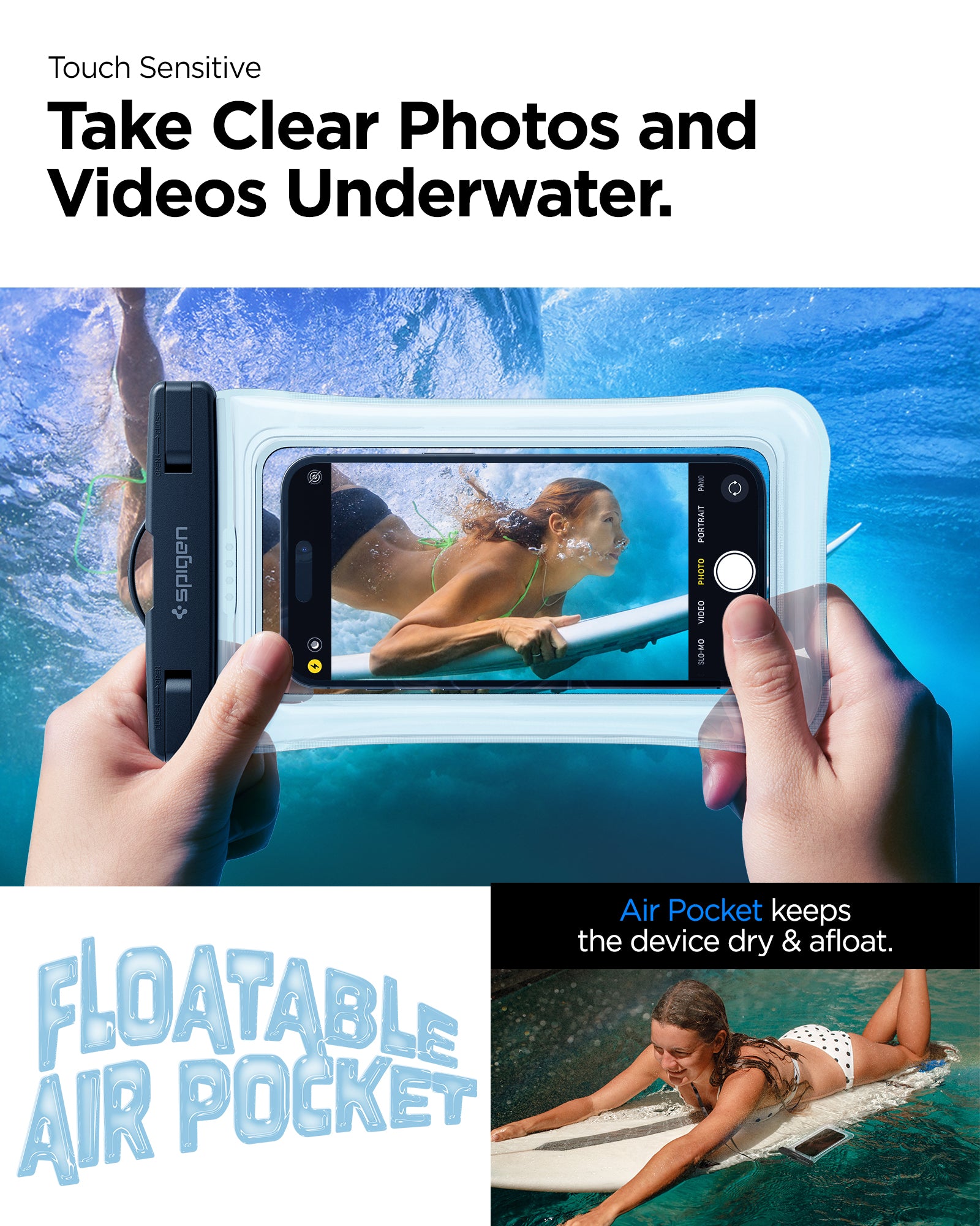 AMP04530 - AquaShield Waterproof Floating Case A610 in Crystal Clear showing the touch sensitivity, can take clear photos and videos underwater,, air pocket keeps the device dry and afloat