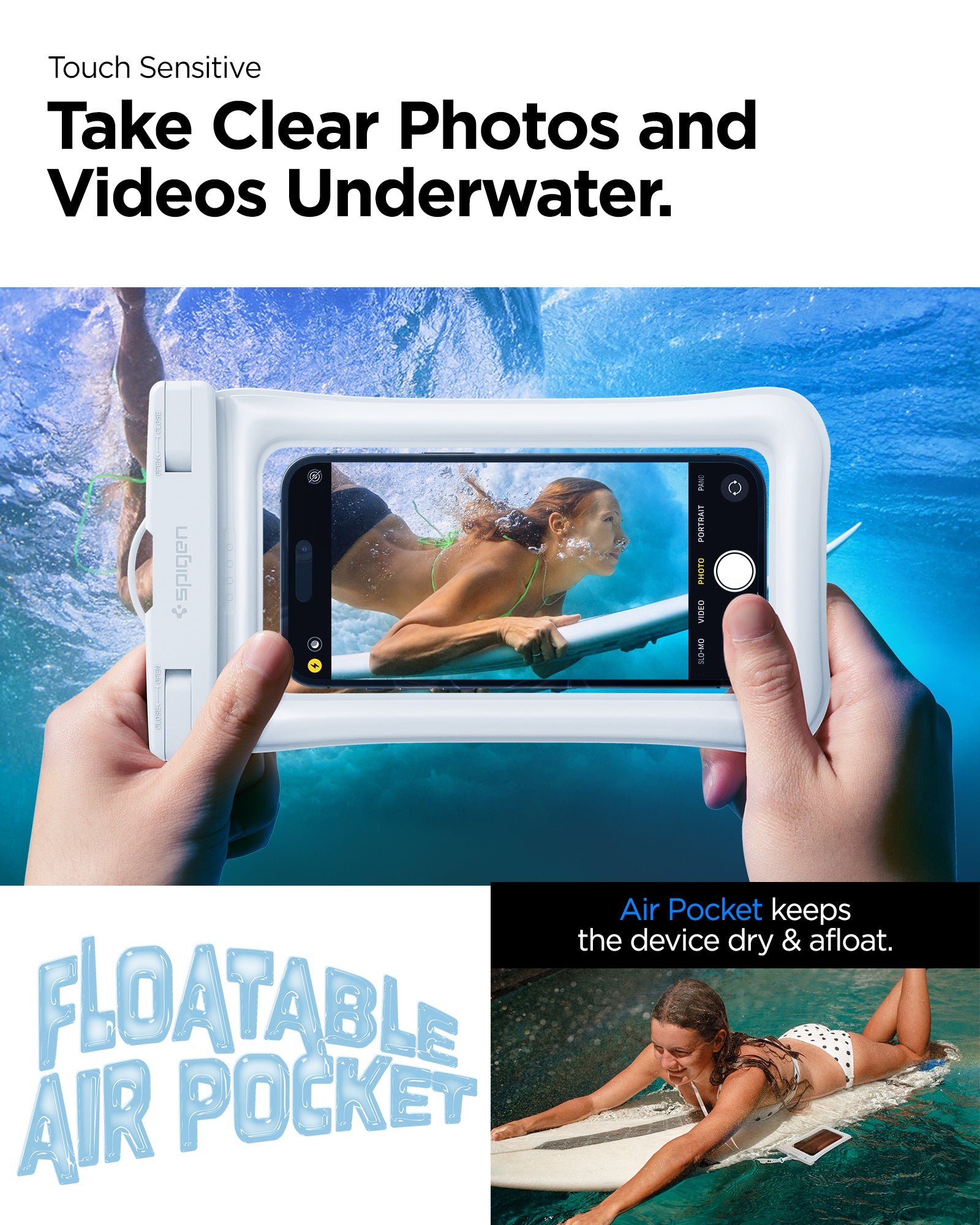 ACS06017 - AquaShield Waterproof Floating Case (2 Pack) A610 in White showing the touch sensitivity, can take clear photos and videos underwater,, air pocket keeps the device dry and afloat