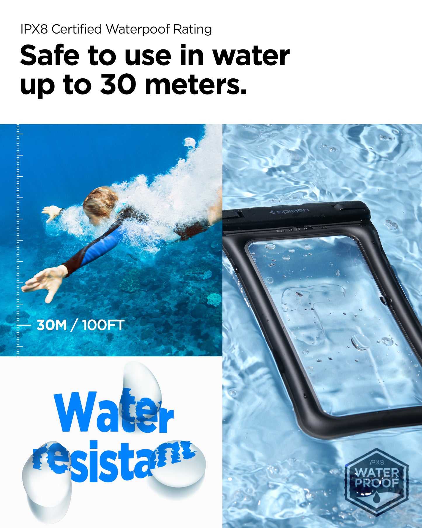 AMP04529 - AquaShield Waterproof Floating Case A610 in Black showing the IPX8 Certified Waterproof Rating, safe to use in water up to 30M/100FT water resistant