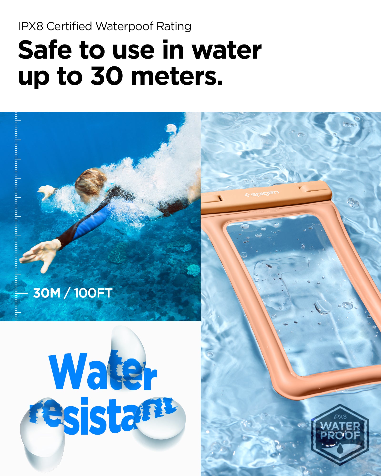 ACS06011 - AquaShield Waterproof Floating Case A610 in Apricot showing the IPX8 Certified Waterproof Rating, safe to use in water up to 30M/100FT water resistant