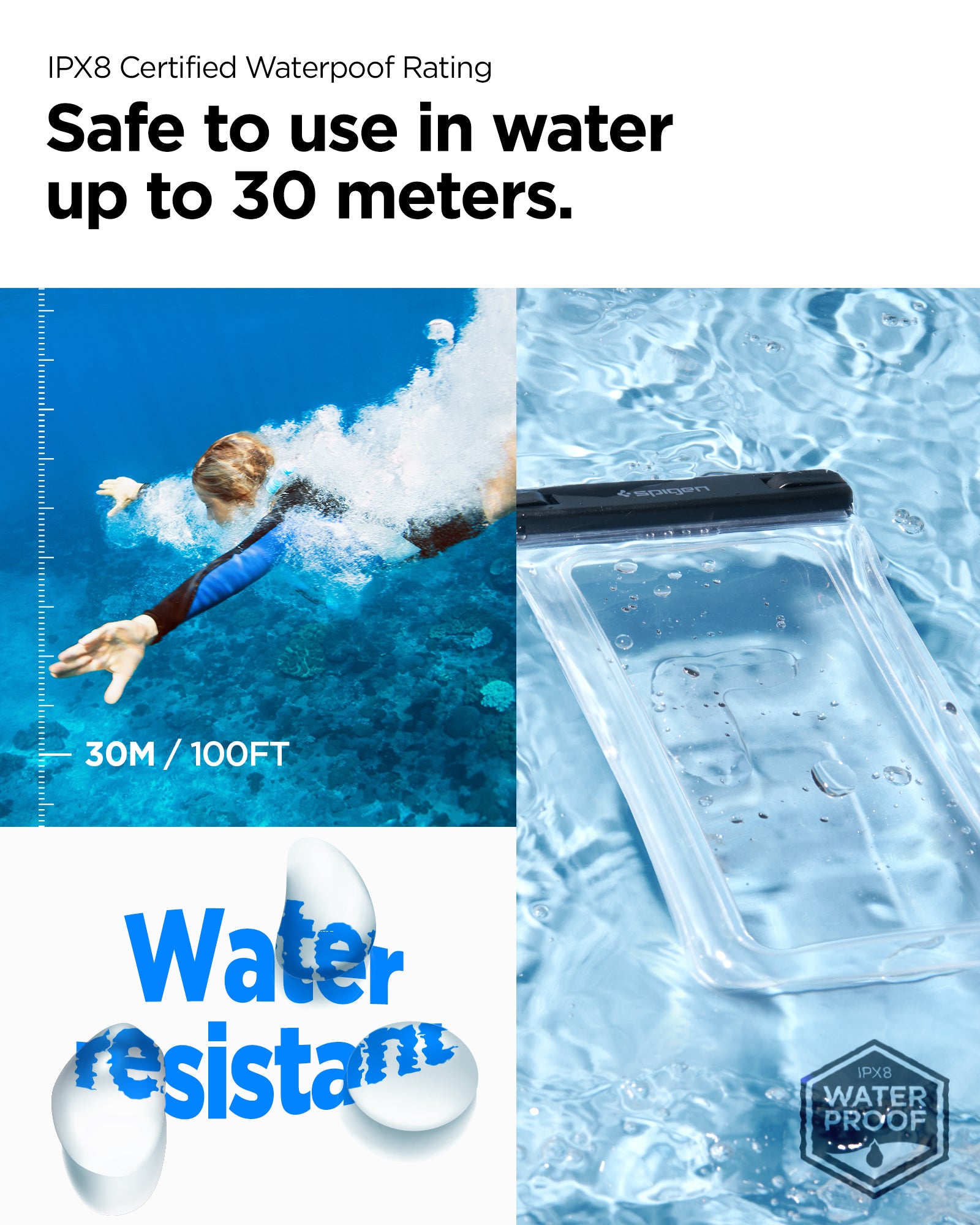 AMP04528 - AquaShield Waterproof Floating Case (2 Pack) A610 in Crystal Clear showing the IPX8 Certified Waterproof Rating, safe to use in water up to 30M/100FT water resistant