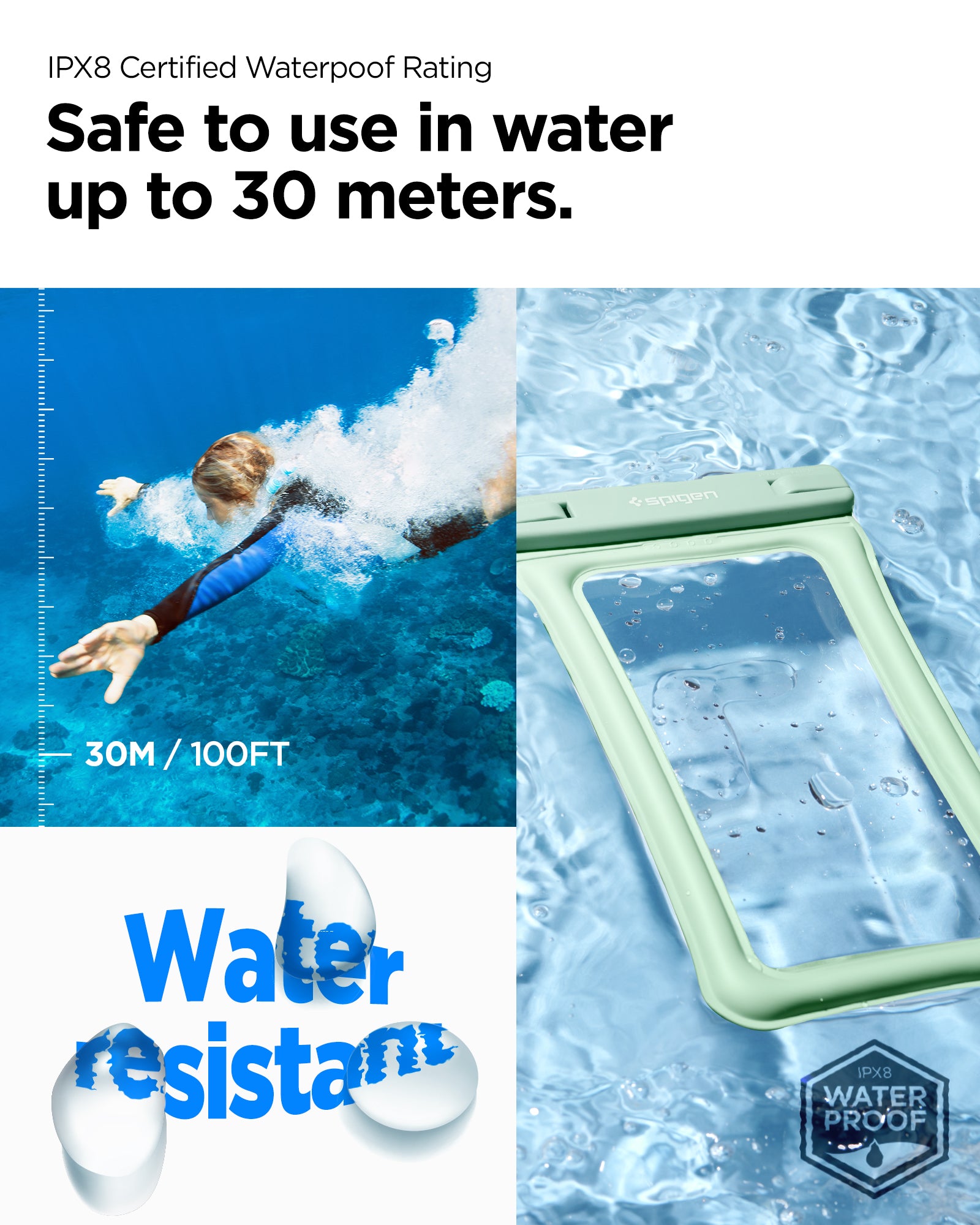 ACS06019 - AquaShield Waterproof Floating Case (2 Pack) A610 in Mint showing the IPX8 Certified Waterproof Rating, safe to use in water up to 30M/100FT water resistant