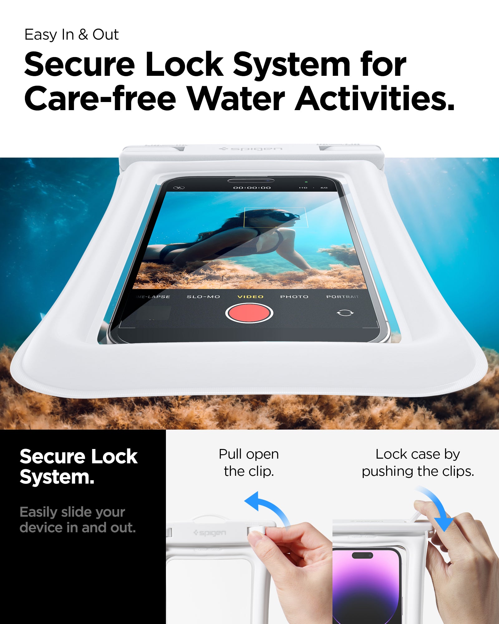 ACS06017 - AquaShield Waterproof Floating Case (2 Pack) A610 in White showing the secure lock system for care-free water activities, easily slide your device in and out