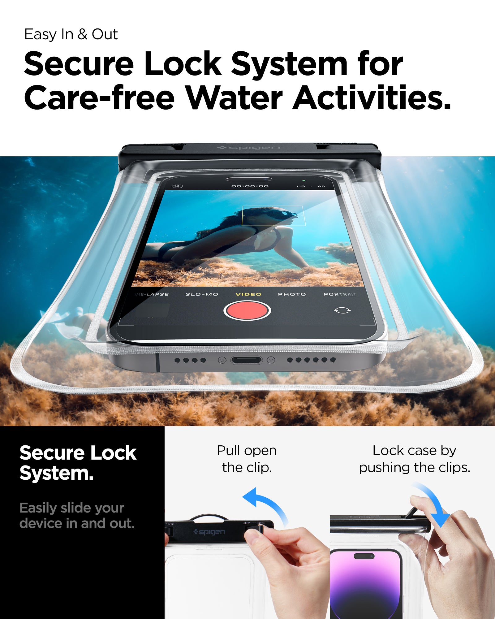 AMP04528 - AquaShield Waterproof Floating Case (2 Pack) A610 in Crystal Clear showing the secure lock system for care-free water activities, easily slide your device in and out