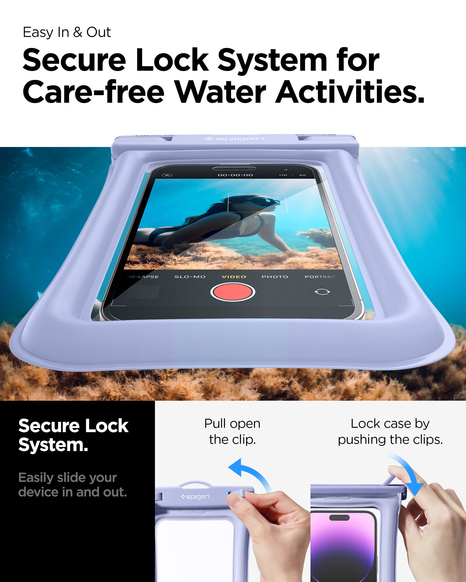 ACS06016 - AquaShield Waterproof Floating Case (2 Pack) A610 in Aqua Blue showing the secure lock system for care-free water activities, easily slide your device in and out