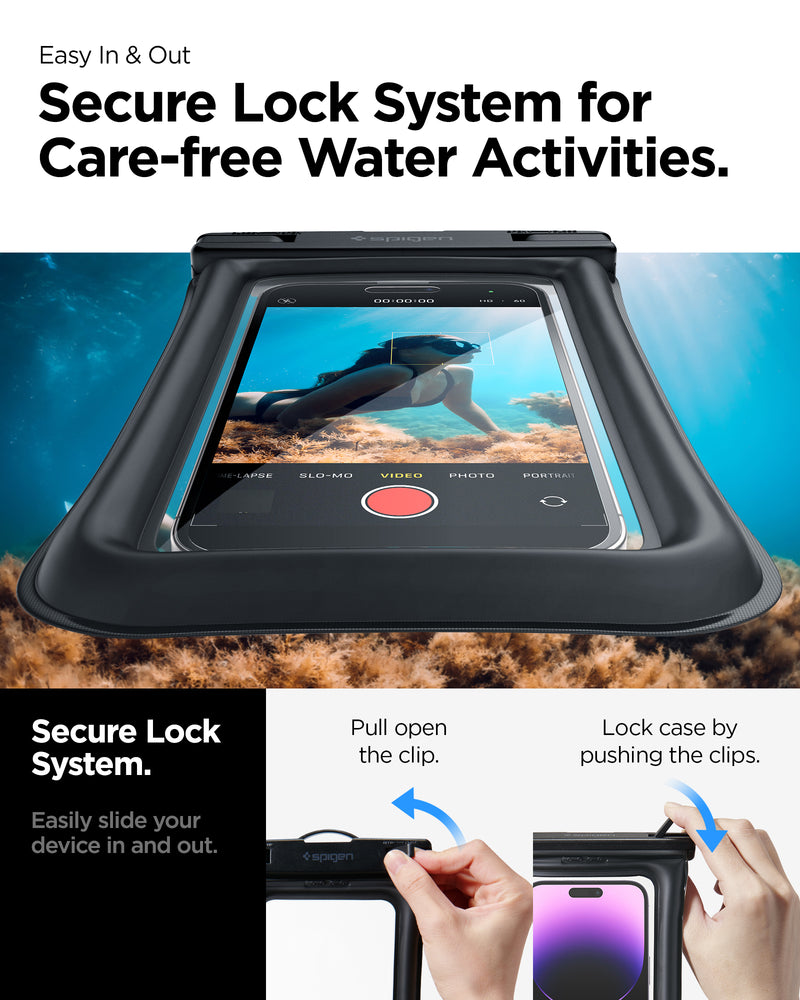 AMP04529 - AquaShield Waterproof Floating Case A610 in Black showing the secure lock system for care-free water activities, easily slide your device in and out