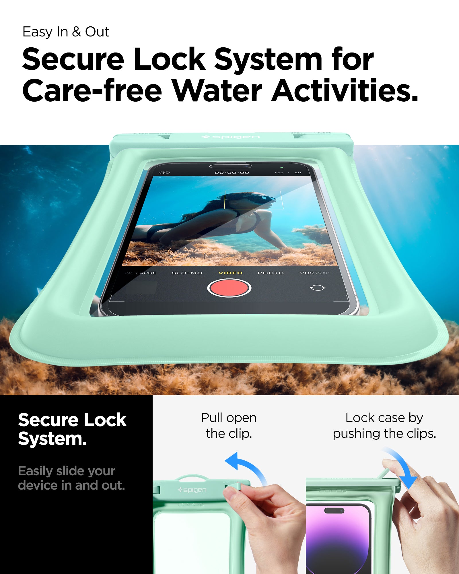 ACS06012 - AquaShield Waterproof Floating Case A610 in Mint showing the secure lock system for care-free water activities, easily slide your device in and out