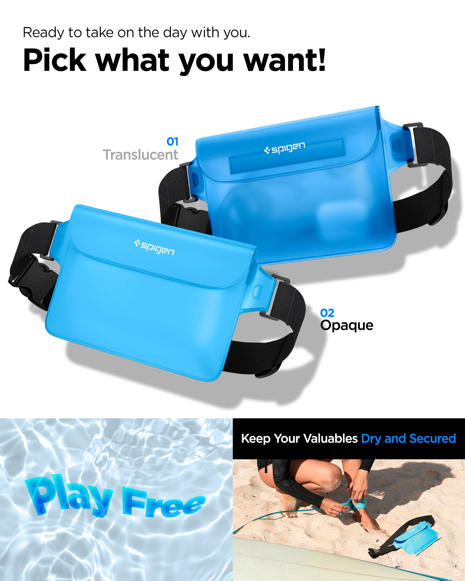 AMP06020 - AquaShield Waterproof Waist Bag (2 Pack) A620 in Sea Blue showing the pick that you want, translucent and the opaque, keep your valuables dry and secured